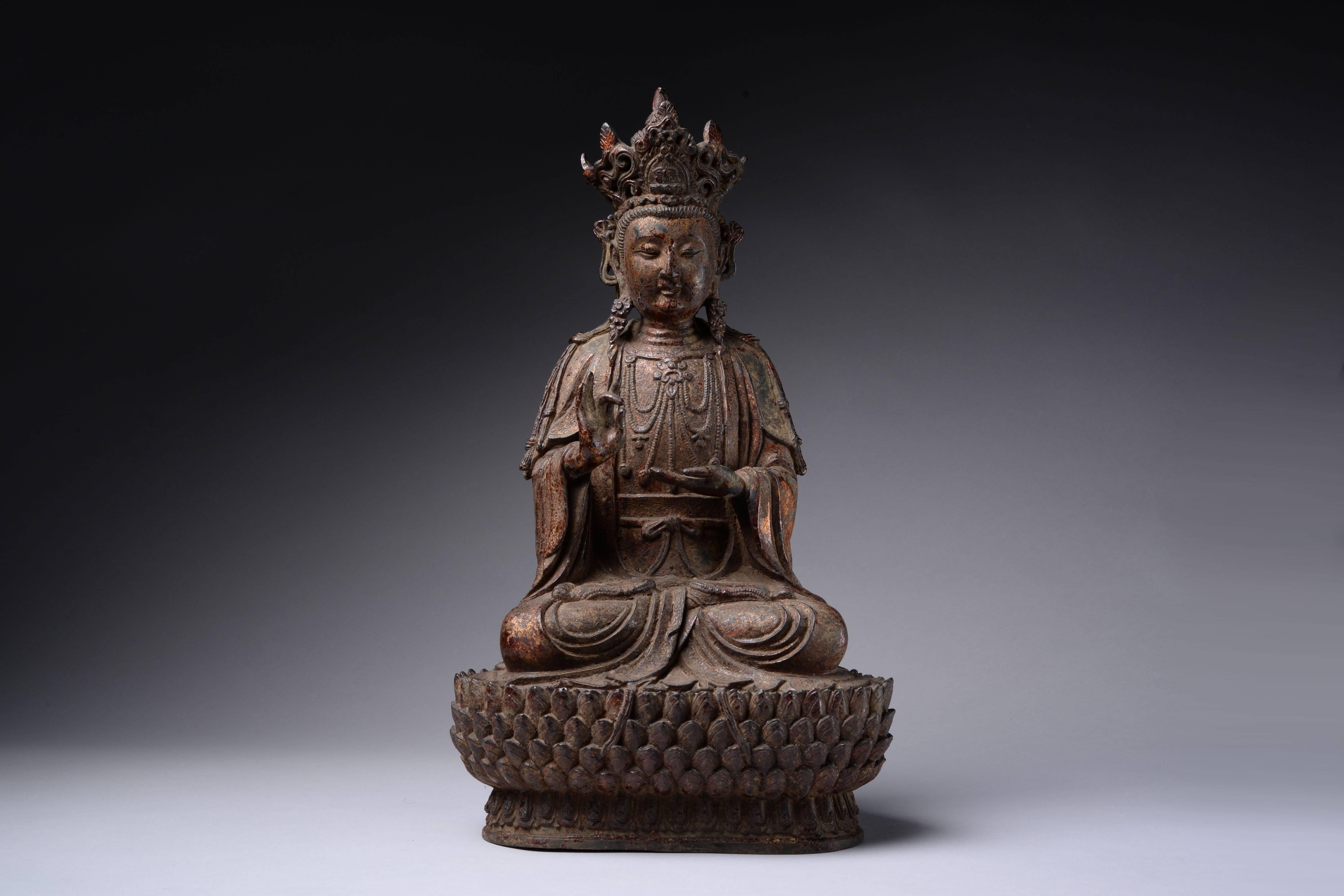 18th Century and Earlier Ancient Chinese Ming Dynasty Gilt Lacquered Seated Guanyin Buddha, 1450 AD