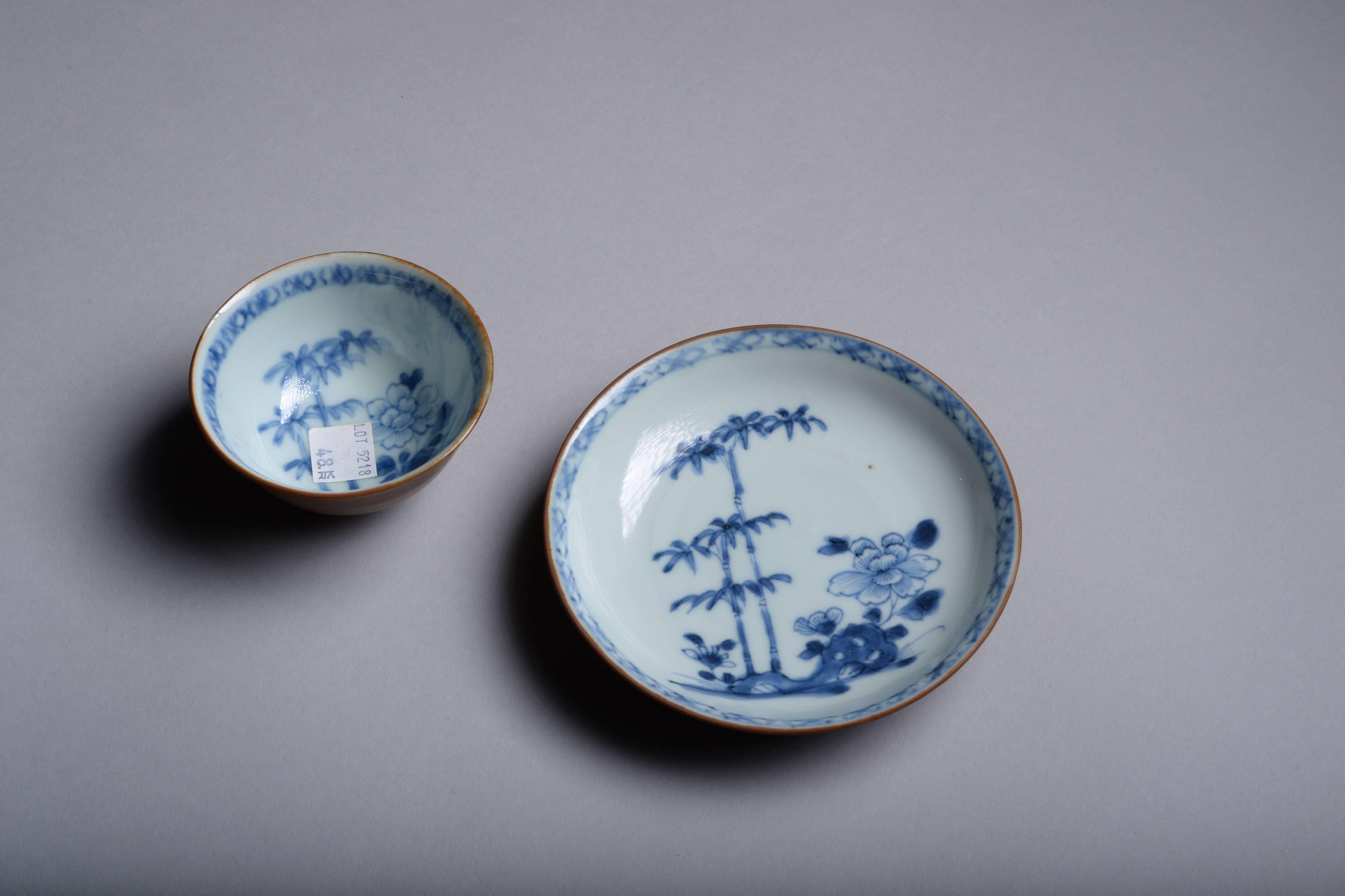 A rare, extremely desirable and perfectly preserved Chinese bamboo, Trellis and peony saucer and tea bowl set, dating to approximately 1750. Salvaged from the famous Nanking cargo - officially recorded pieces with original 1986 Christie's