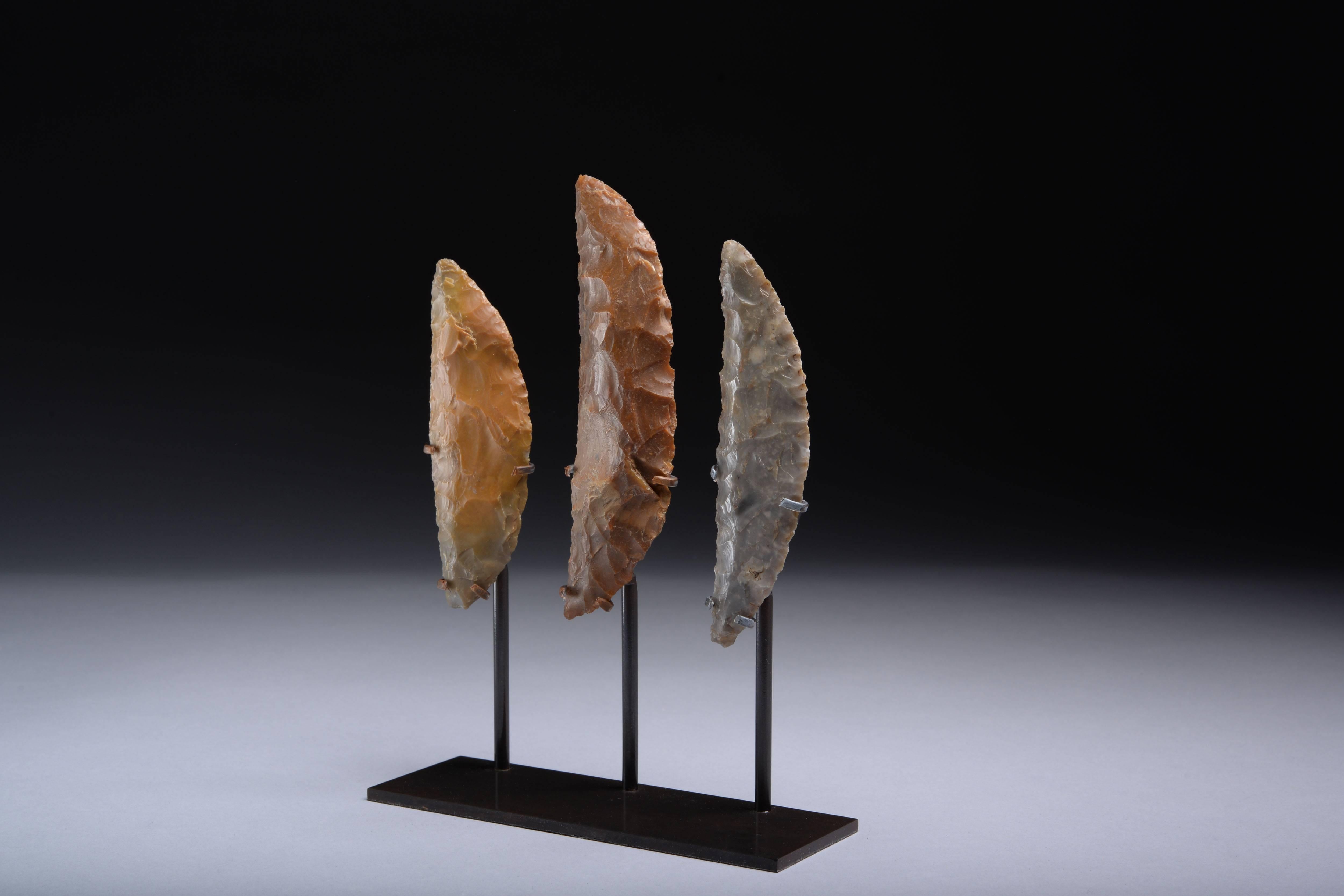 A collection of three Scandinavian Neolithic sickle blades, dating to around 2000 BC.

Of typical form, two examples knapped from caramel coloured flint, the third from a pleasing grey flint. Chipped with meticulous care and precision to produce