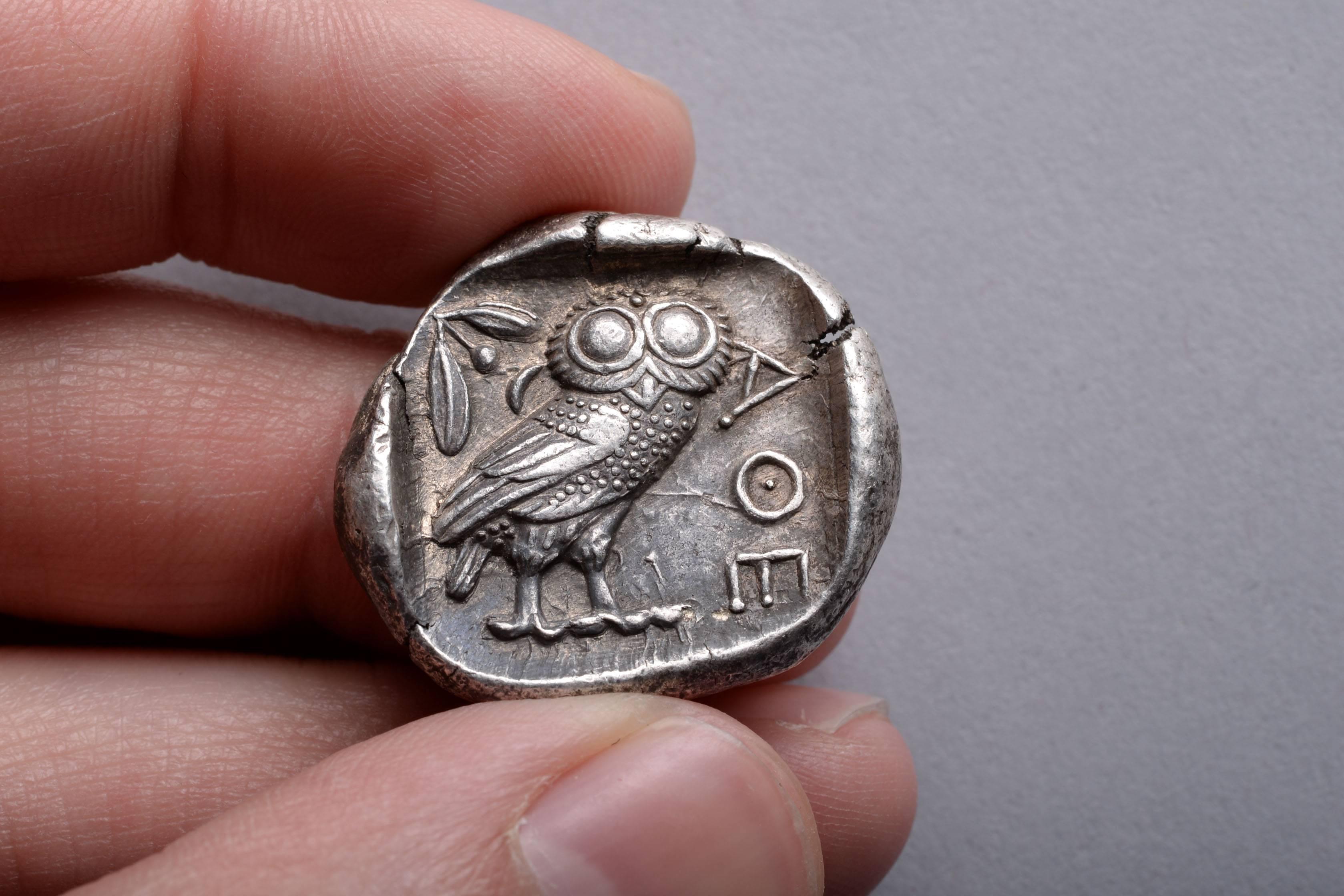 Ancient Greek Silver Owl Tetradrachm from Athens, 454 BC at 1stDibs