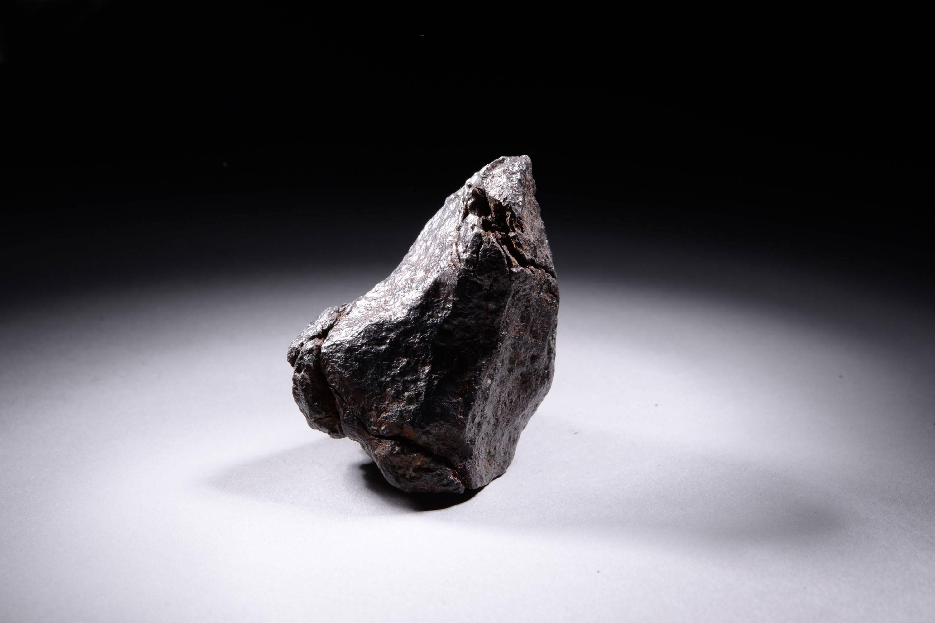 Ein atemberaubender Octahedrit-Eisenmeteorit, Teil des berühmten Odessa-Einschlags, der vor etwa 63.000 Jahren aus dem All auf die Erde fiel. Man nimmt an, dass es sich bei Eisenmeteoriten um die Kerne von Asteroiden handelt, die früh in ihrer