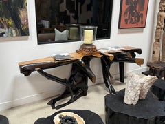 Organic Ebonized Teak Wood Console Table; Live Edges