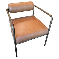 Camel Leather bolster Back Armchair; Iron Frame with Hand Hammered Finish