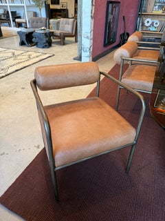 Camel Leather bolster Back Armchair; Iron Frame with Hand Hammered Finish