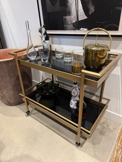Smoke Glass Brass Bar Cart; Antique Brass Cart Frame