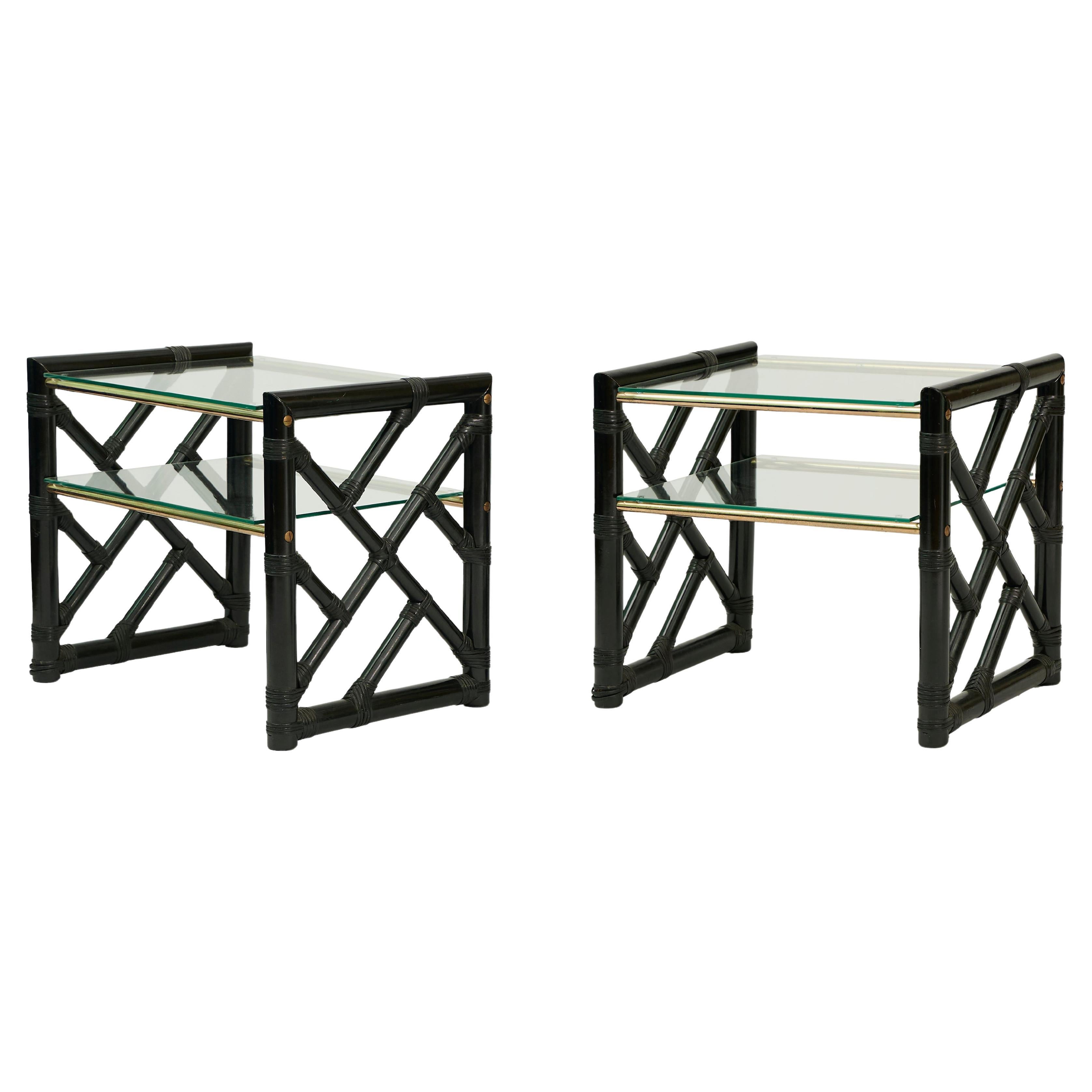 1970/'s Dal Vera Faux Bamboo Side Tables Black Glass Brass Italian Bedside en vente