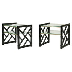 1970/'s Dal Vera Faux Bamboo Side Tables Black Glass Brass Italian Bedside