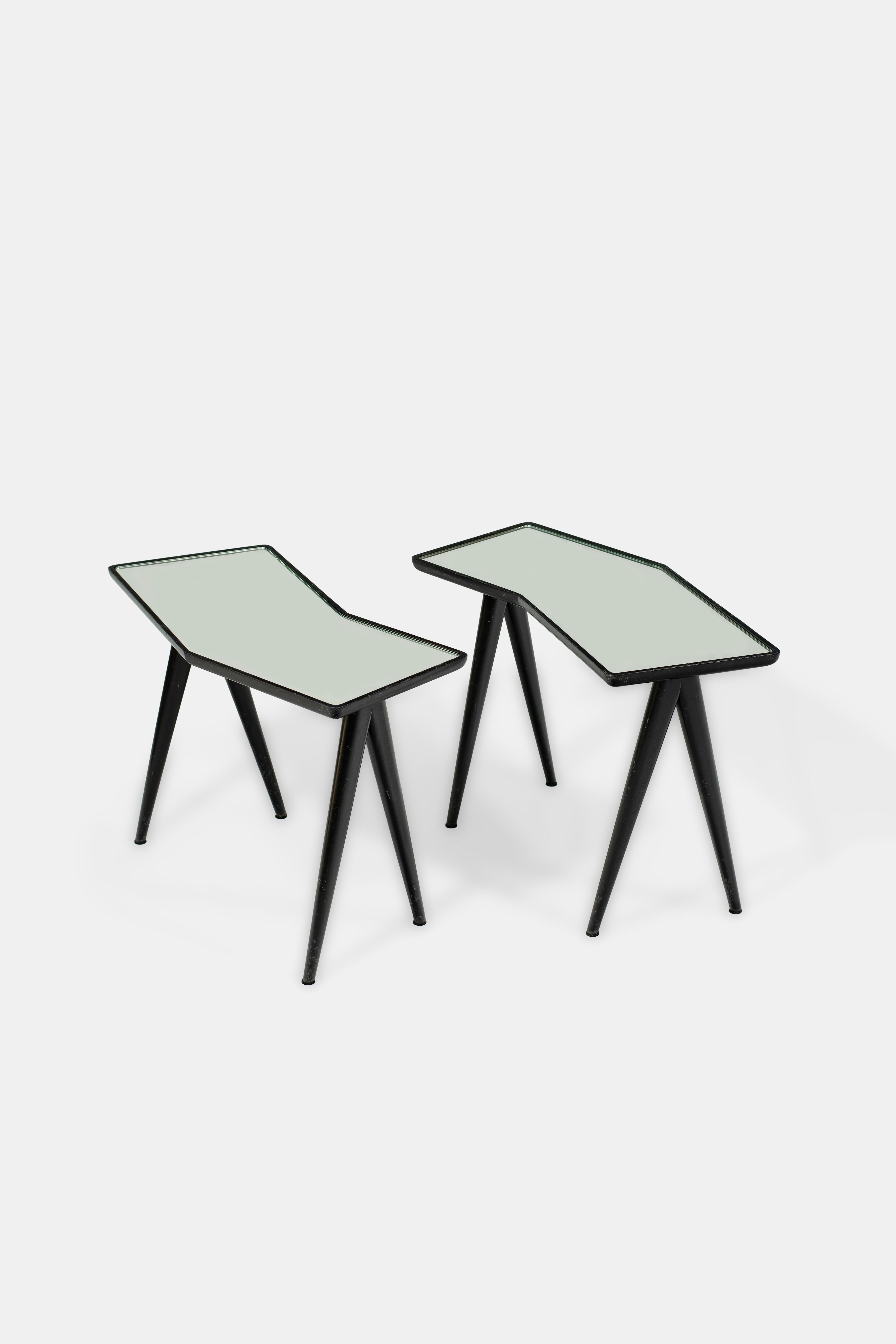 Tables d'appoint Gio Ponti Pietro Chiesa 1940 Miroir Verre Noyer Noir Laqué Bon état - En vente à Milano, IT
