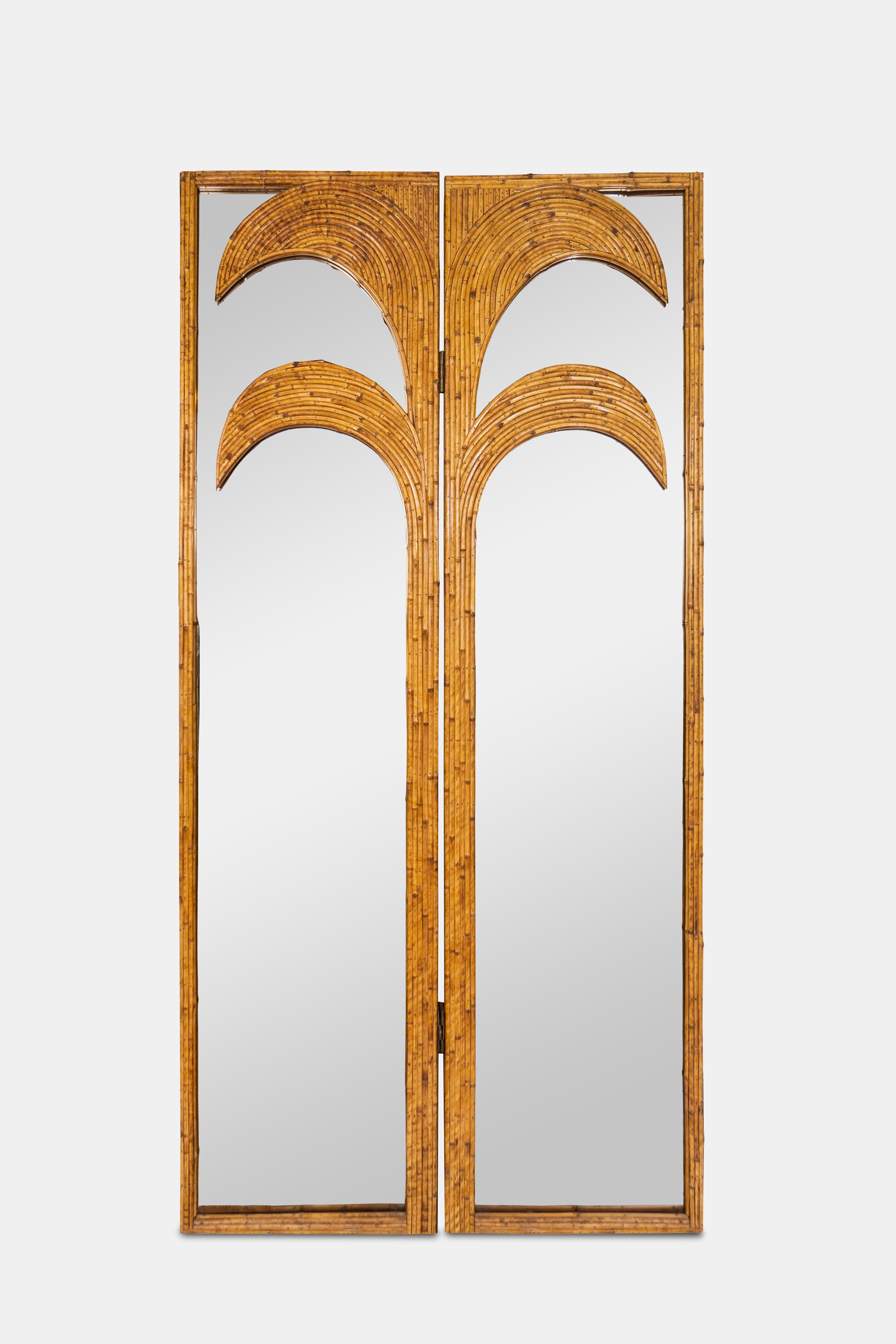 Bambou 1970 Vivai del Sud Miroir écran en bambou Verre teinté Motif palmiers Parma en vente
