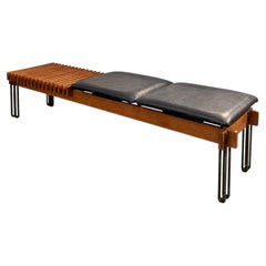 Inge and Luciano Rubino Teak, Black Leather and Metal Bench for Apec, Italy 1964
