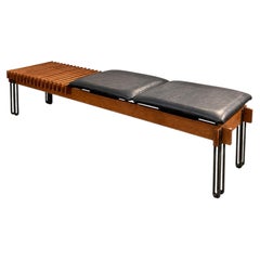 Inge and Luciano Rubino Teak, Black Leather and Metal Bench for Apec, Italy 1964