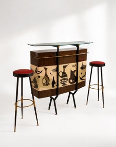 Italian School Rare bar cabinet set with two stools, 1950s.