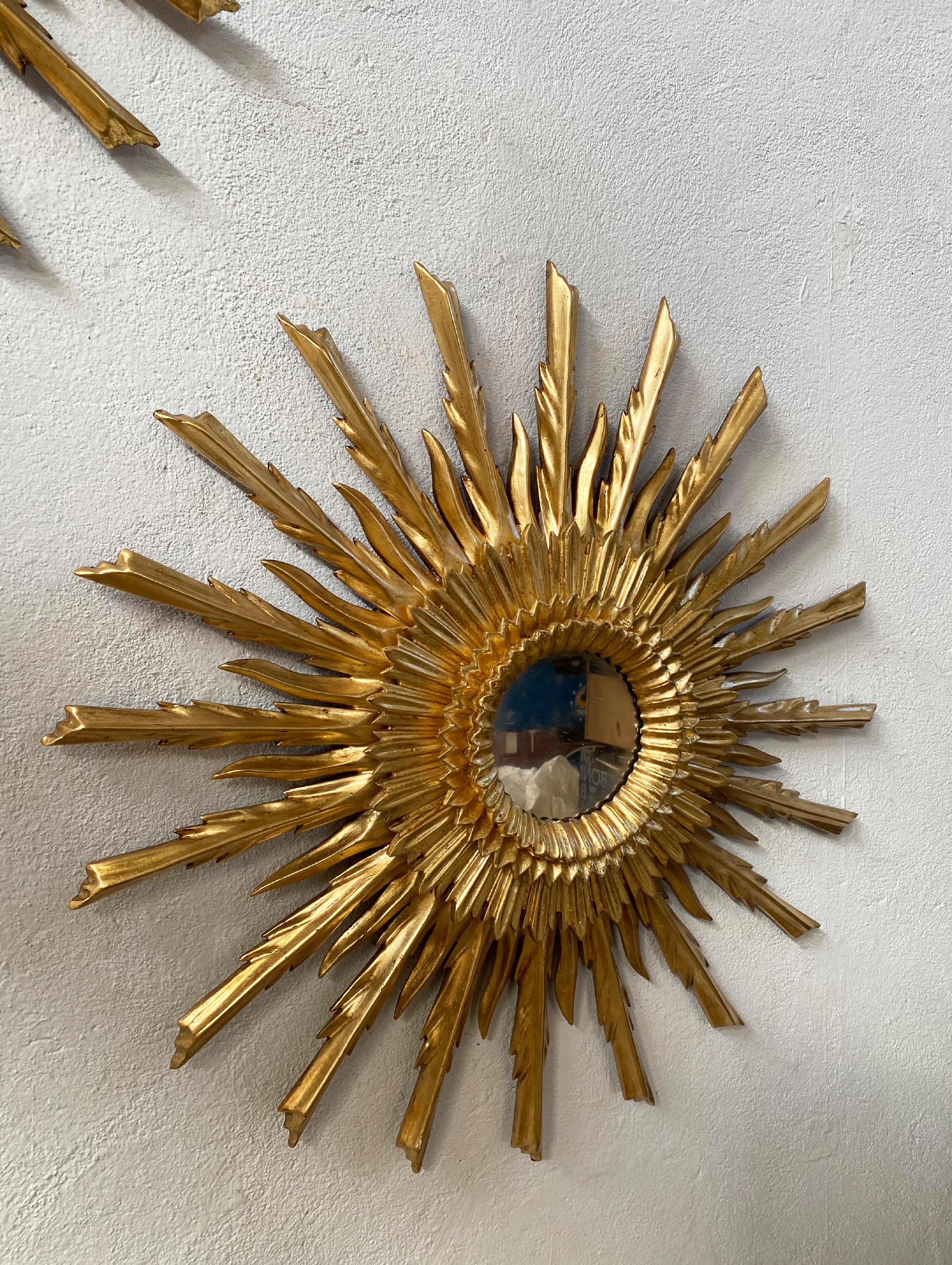 Mid-Century Modern Mid 20th Century Style Sunburst Carved Golden Mirror For Sale