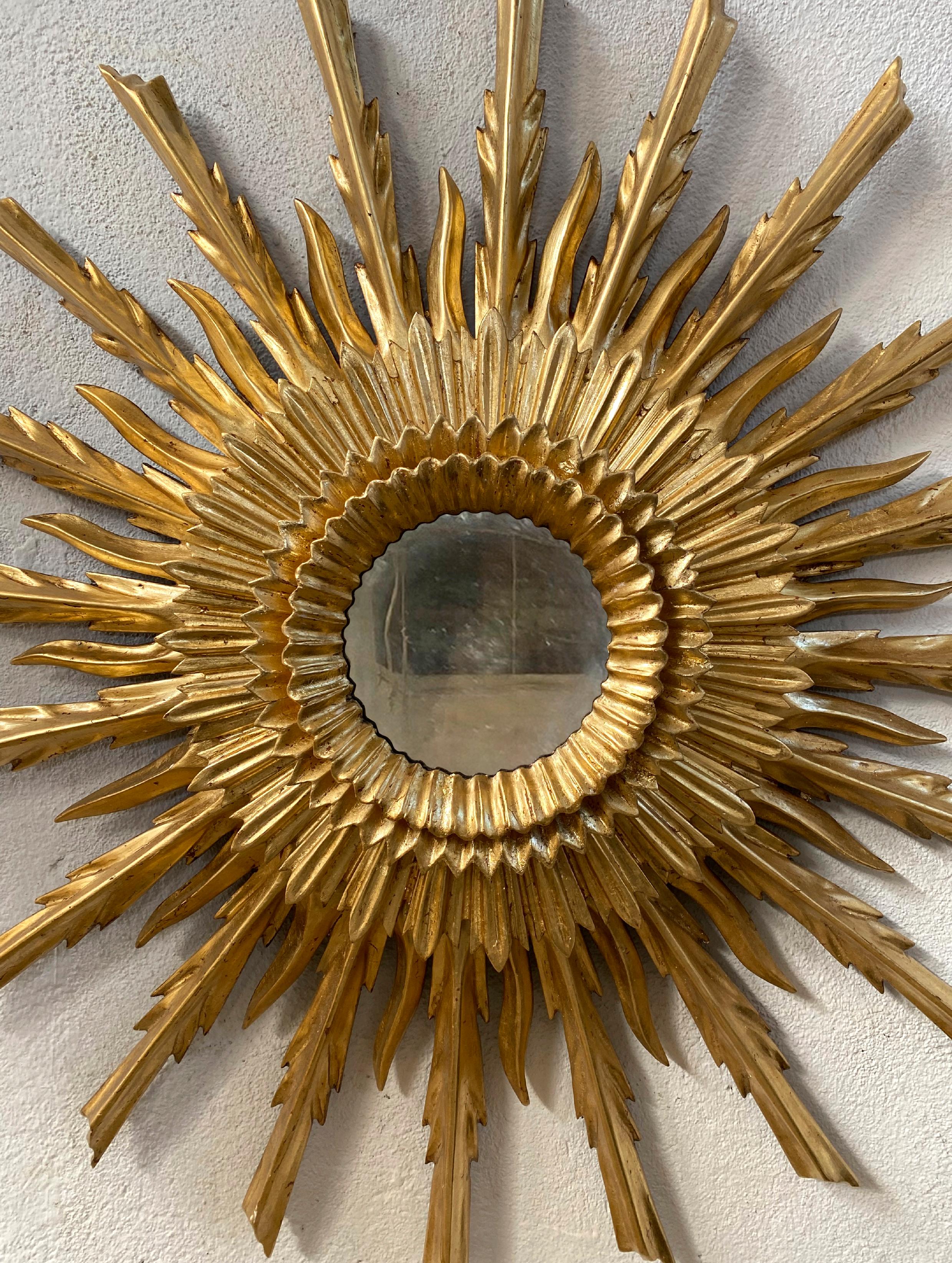 Gilt Mid 20th Century Style Sunburst Carved Golden Mirror For Sale