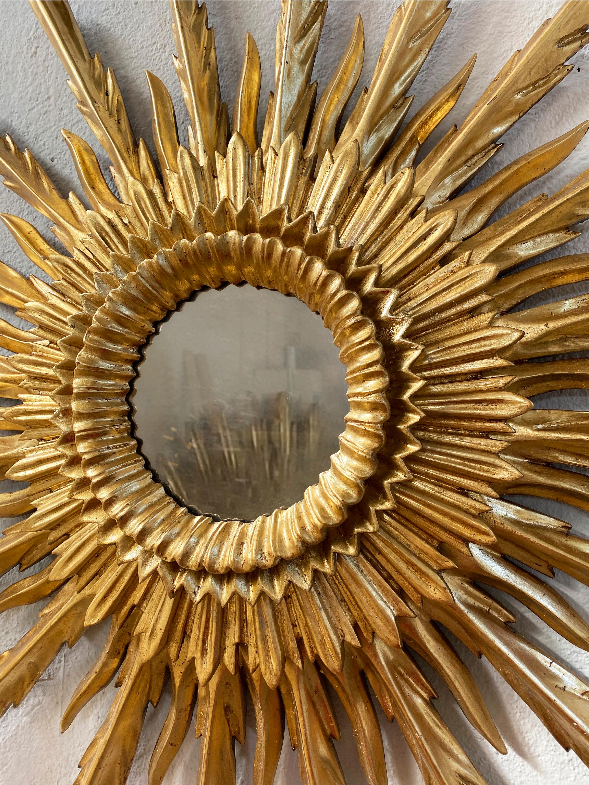 Gesso Mid 20th Century Style Sunburst Carved Golden Mirror For Sale