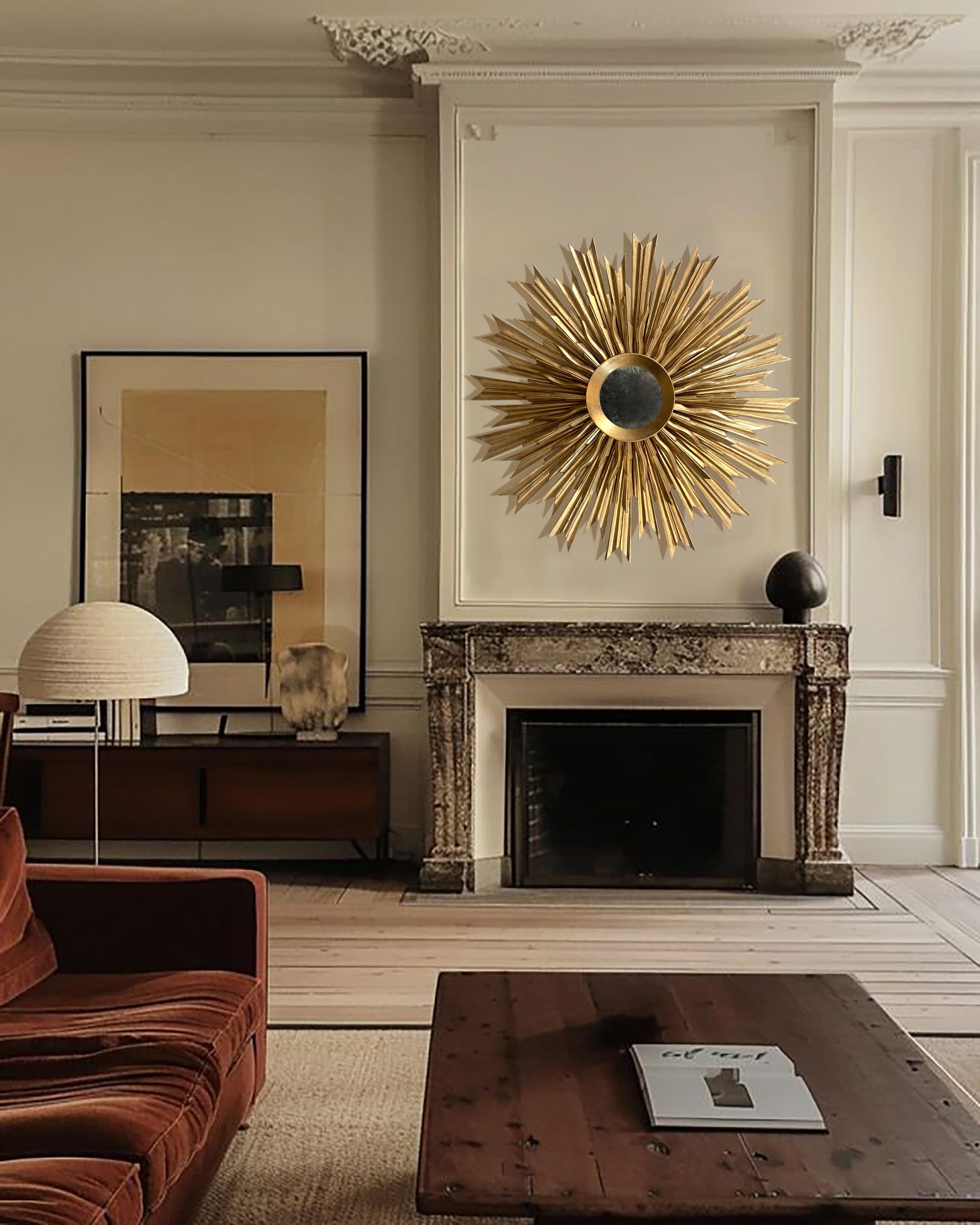 Spanish 20th Century Sunburst Carved Golden Mirror For Sale
