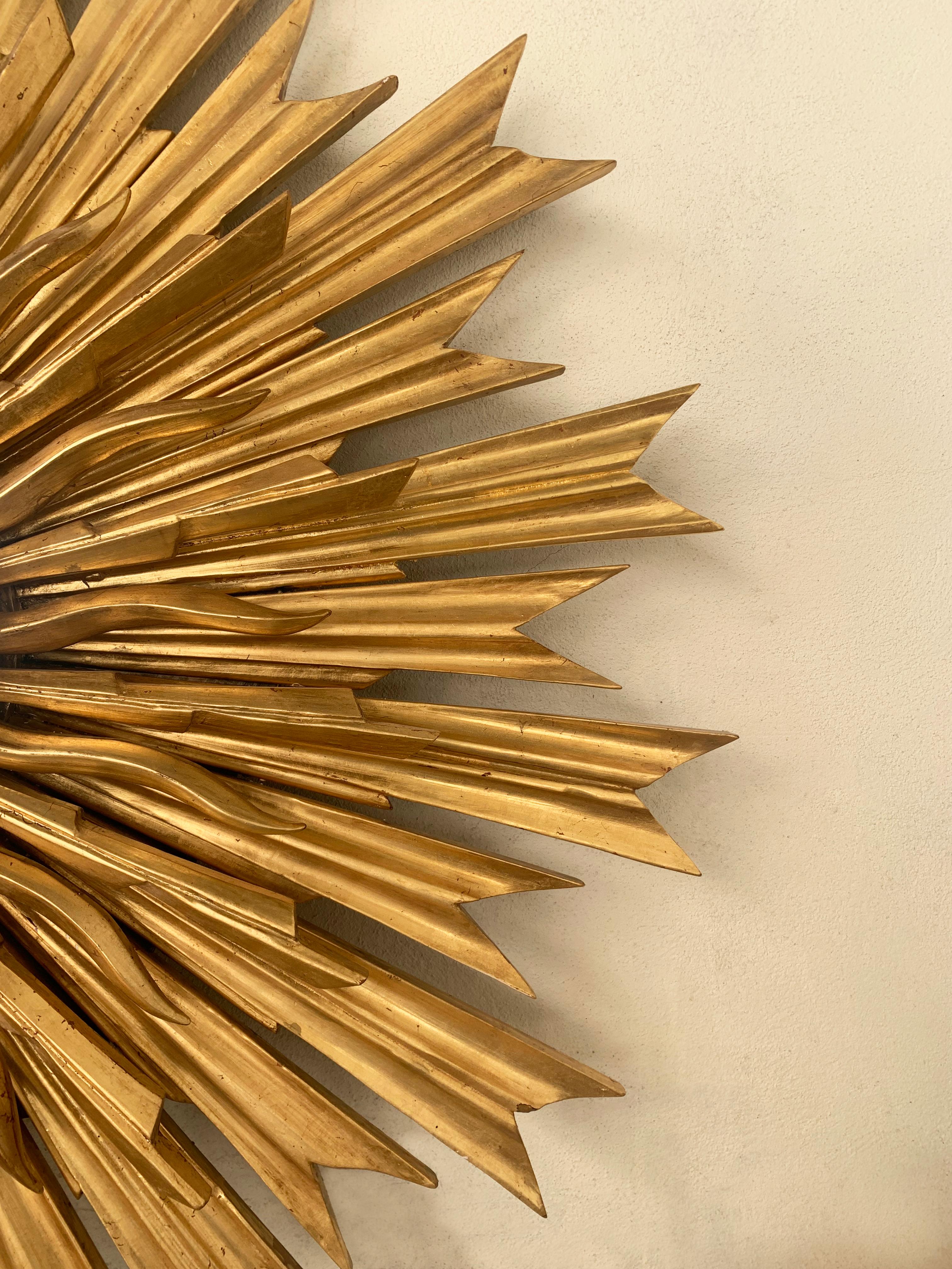 Gesso 20th Century Sunburst Carved Golden Mirror For Sale