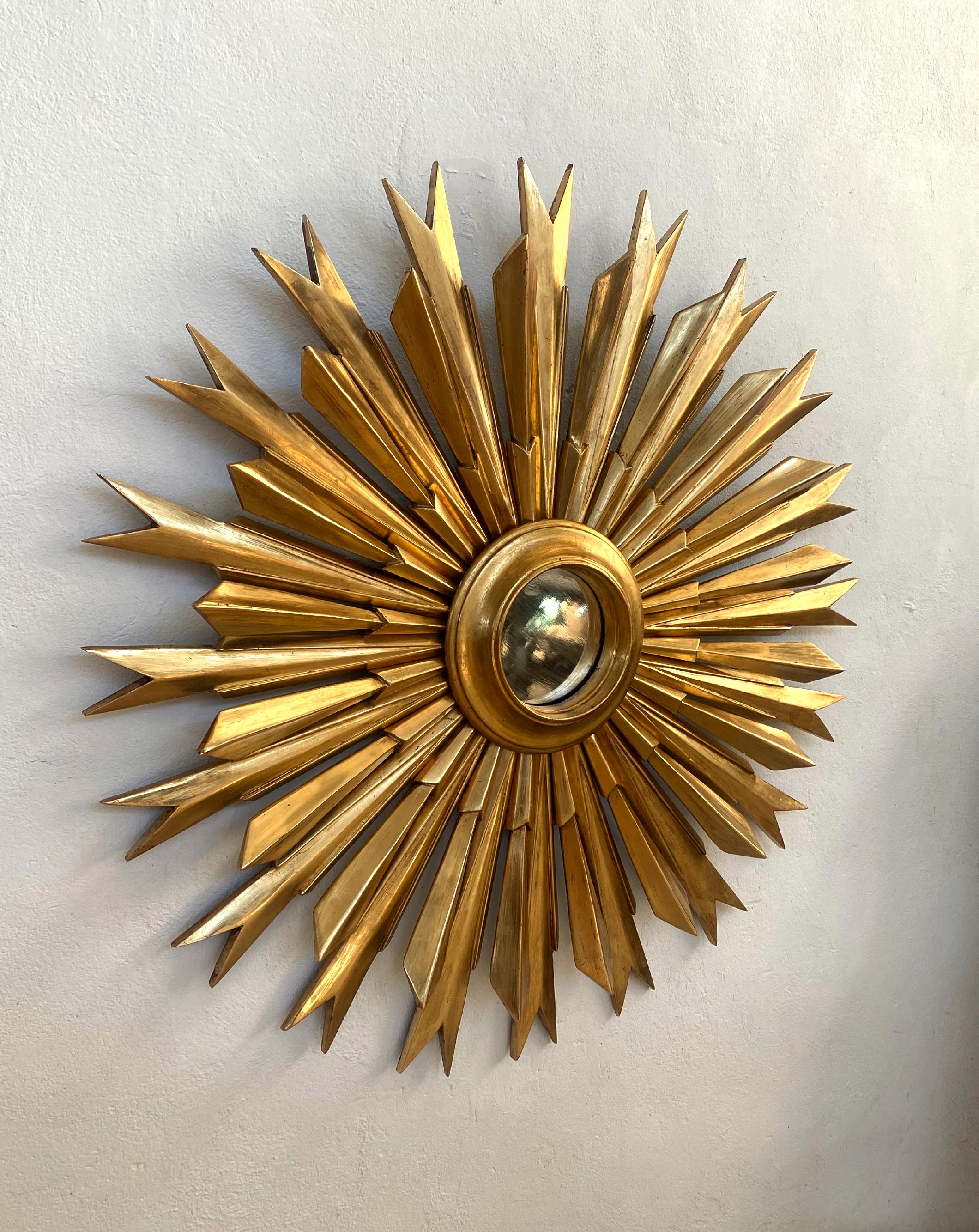 Spanish Sunburst Handcarved Golden Mirror For Sale