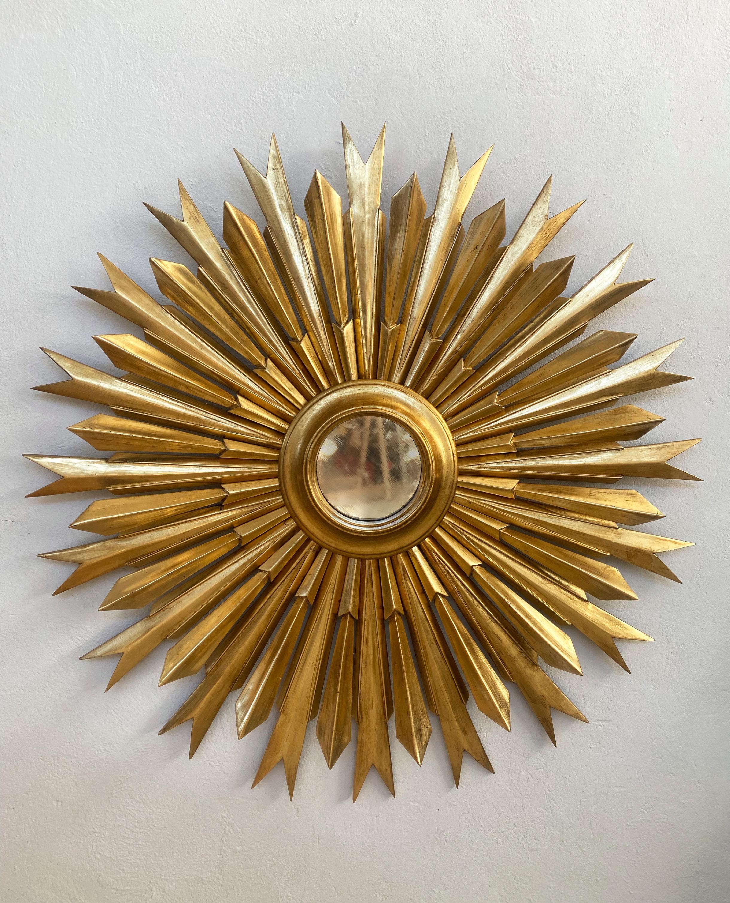 Contemporary Sunburst Handcarved Golden Mirror For Sale