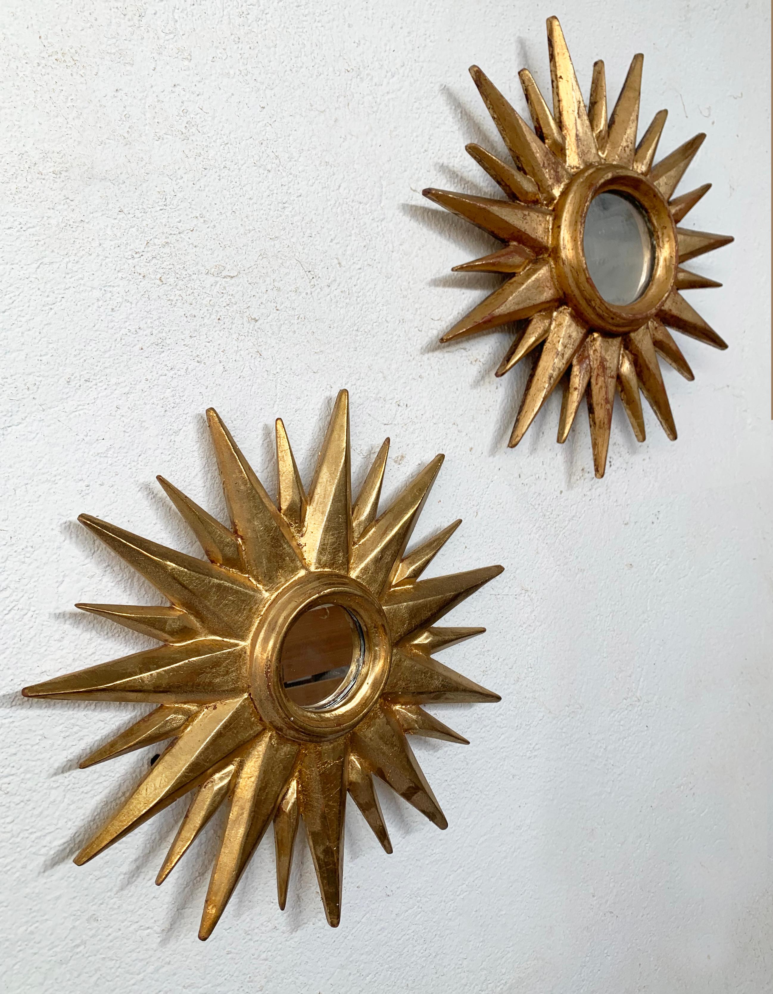 Hand-Carved Late 20th Century Sunburst Carved Golden Mirrors, a Pair For Sale