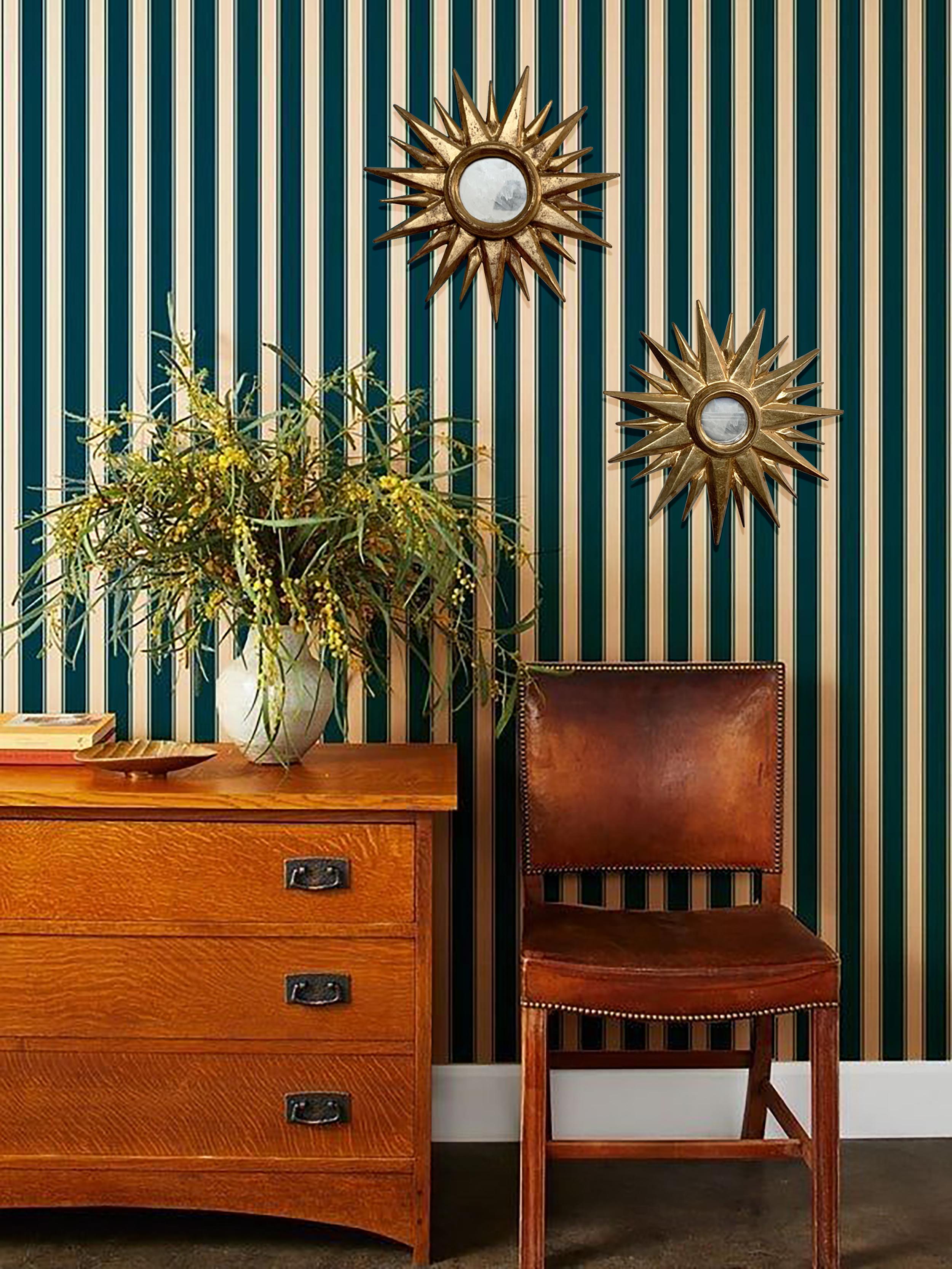Gesso Late 20th Century Sunburst Carved Golden Mirrors, a Pair For Sale