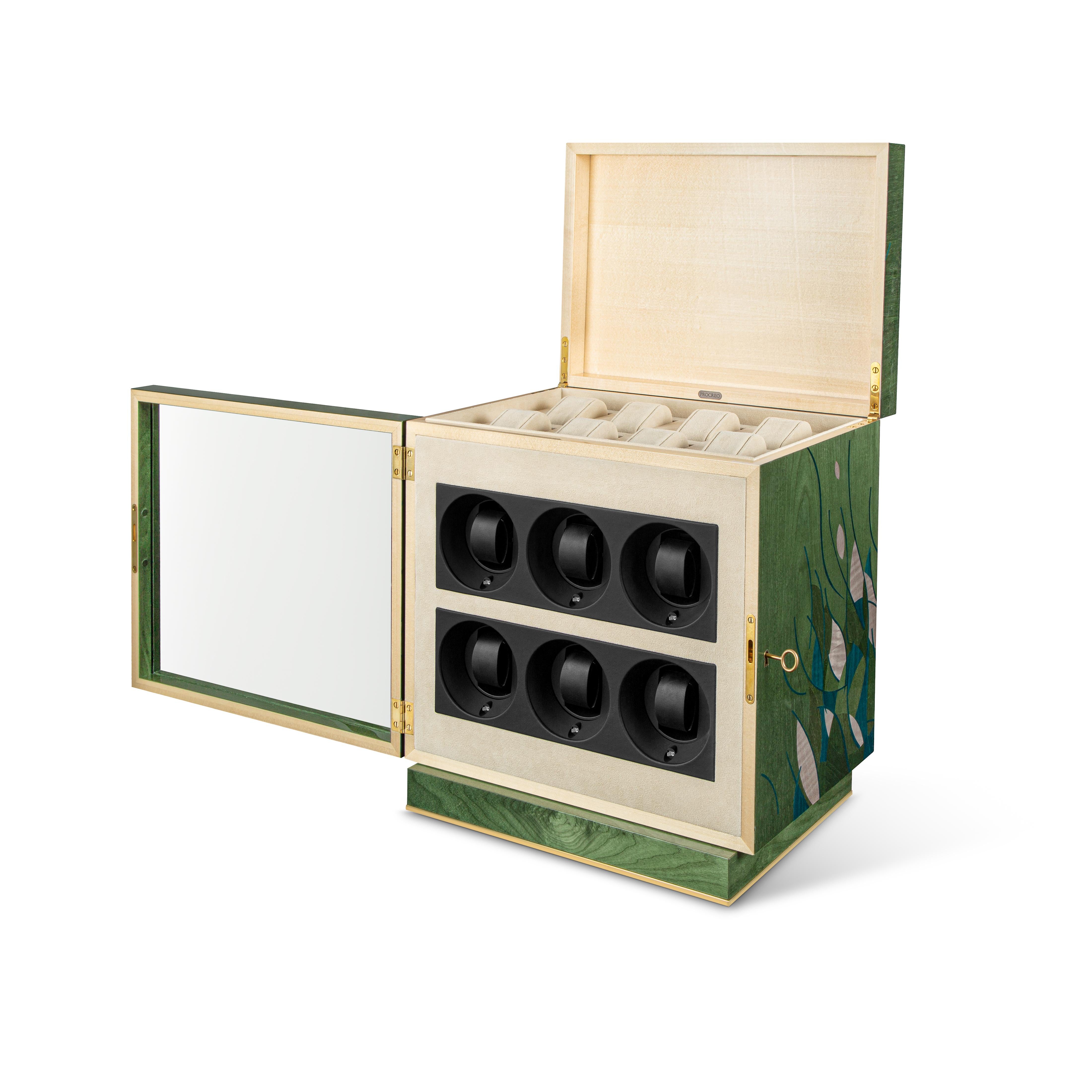 Der Agito-Uhrenschrank bietet 6 automatische mechanische Uhrenbeweger im Hauptteil des Uhrenschranks mit vorprogrammierten Uhrenrotatoren, die eine individuelle Anpassung der Drehrichtungen und Umdrehungen pro Tag ermöglichen, damit die Zeitmesser
