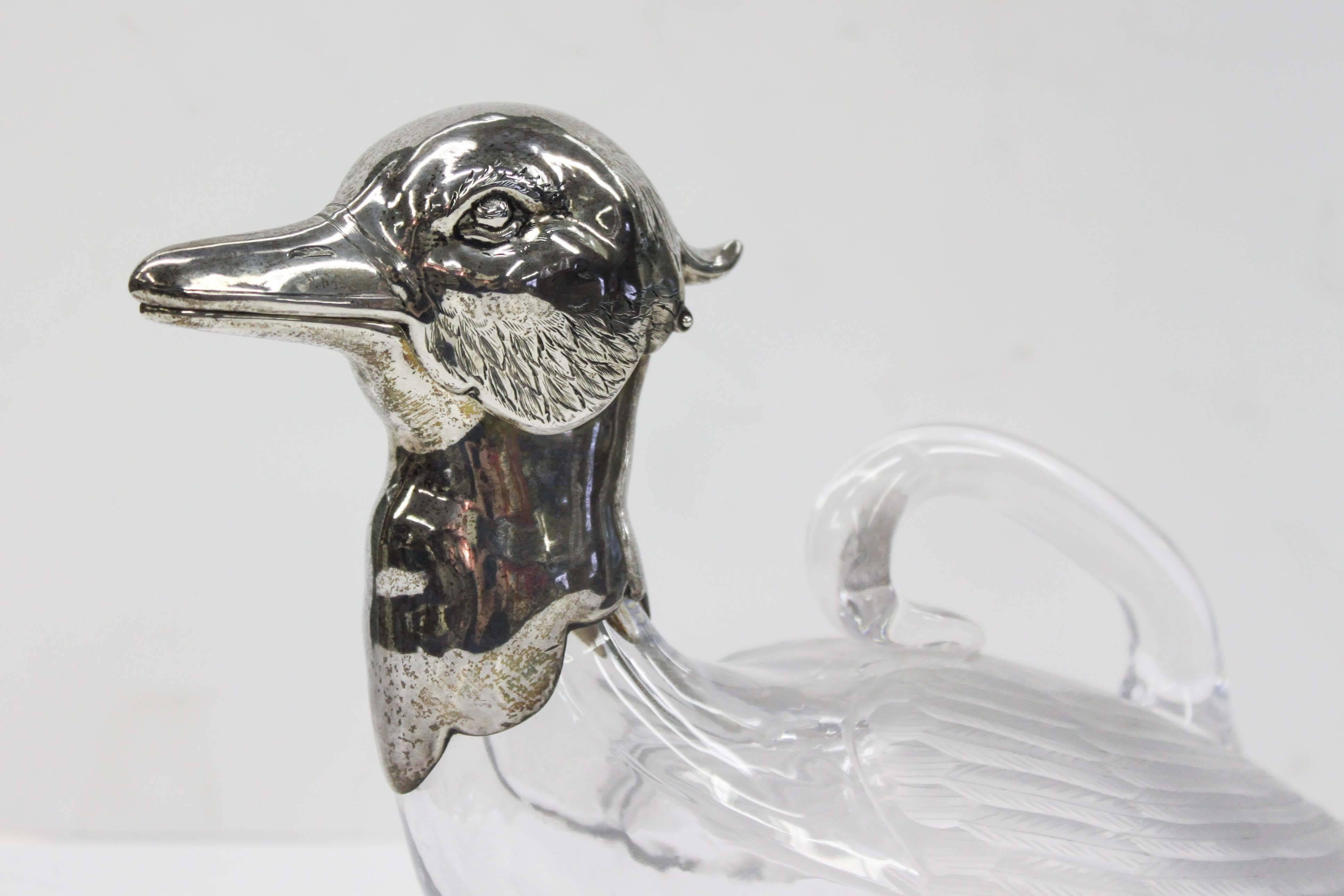 Crystal and Sterling Duck Claret Jug For Sale 2