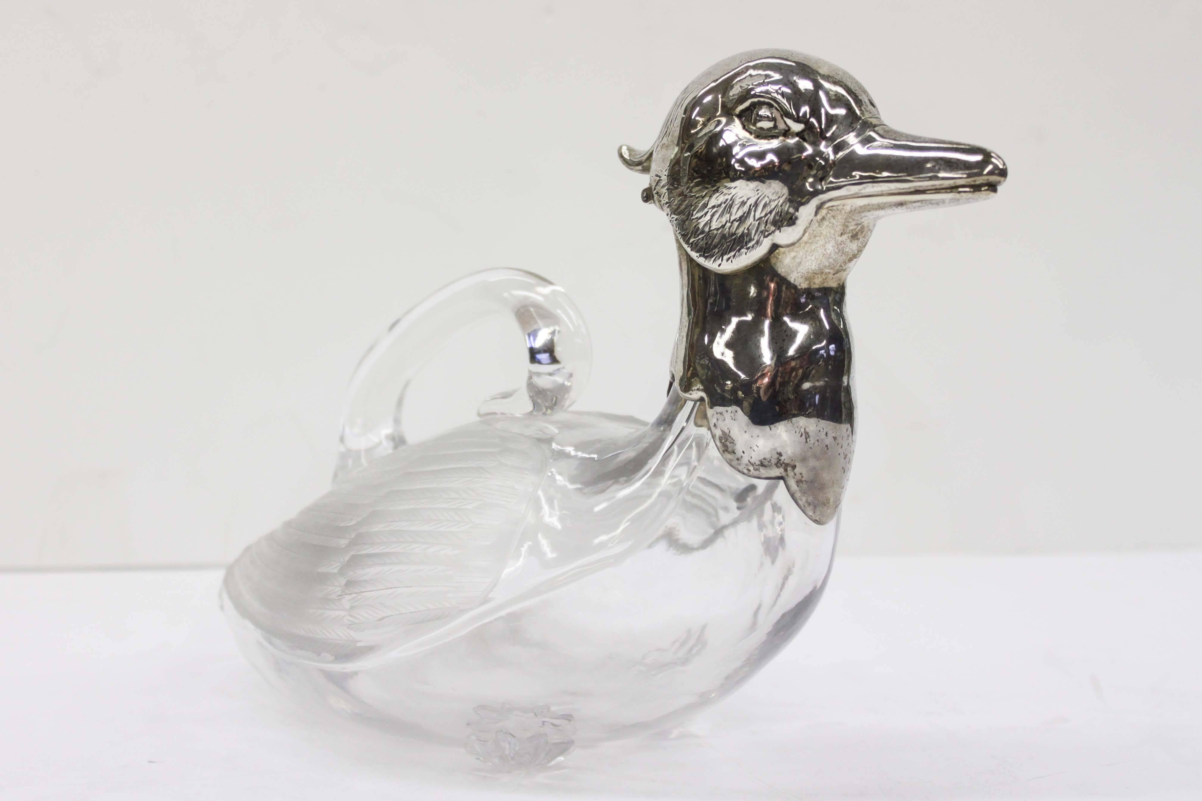 American Crystal and Sterling Duck Claret Jug For Sale