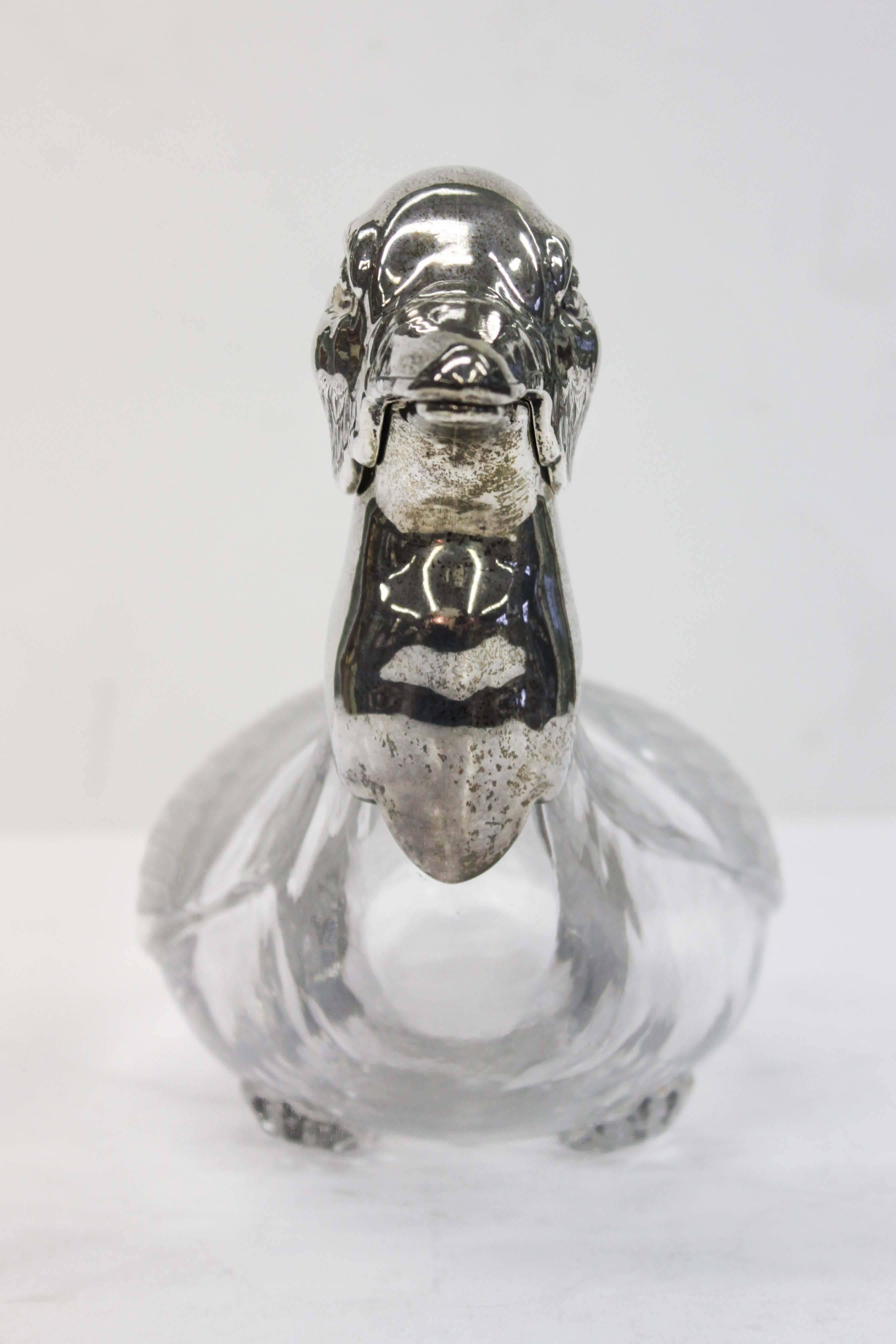 Late 19th Century Crystal and Sterling Duck Claret Jug For Sale