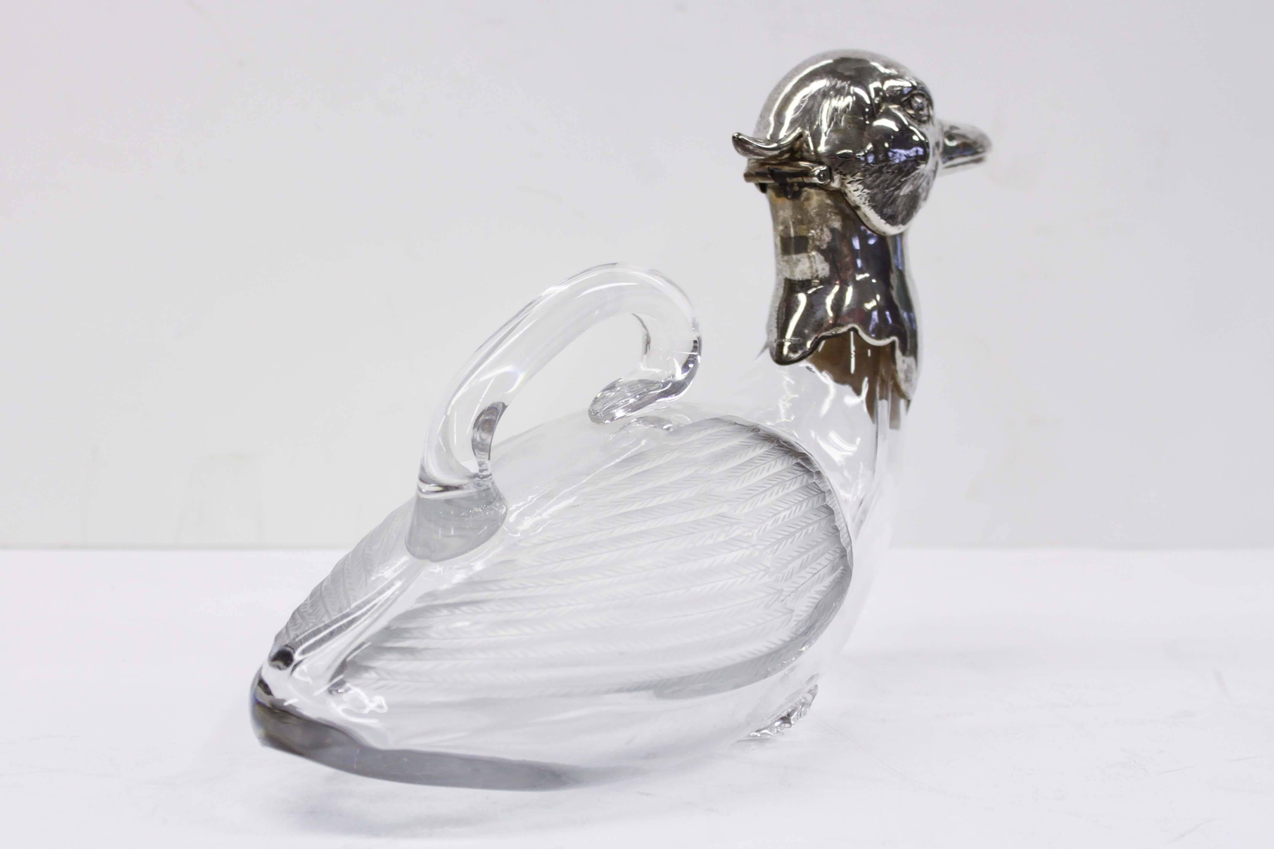 Crystal and Sterling Duck Claret Jug In Excellent Condition For Sale In Vancouver, BC