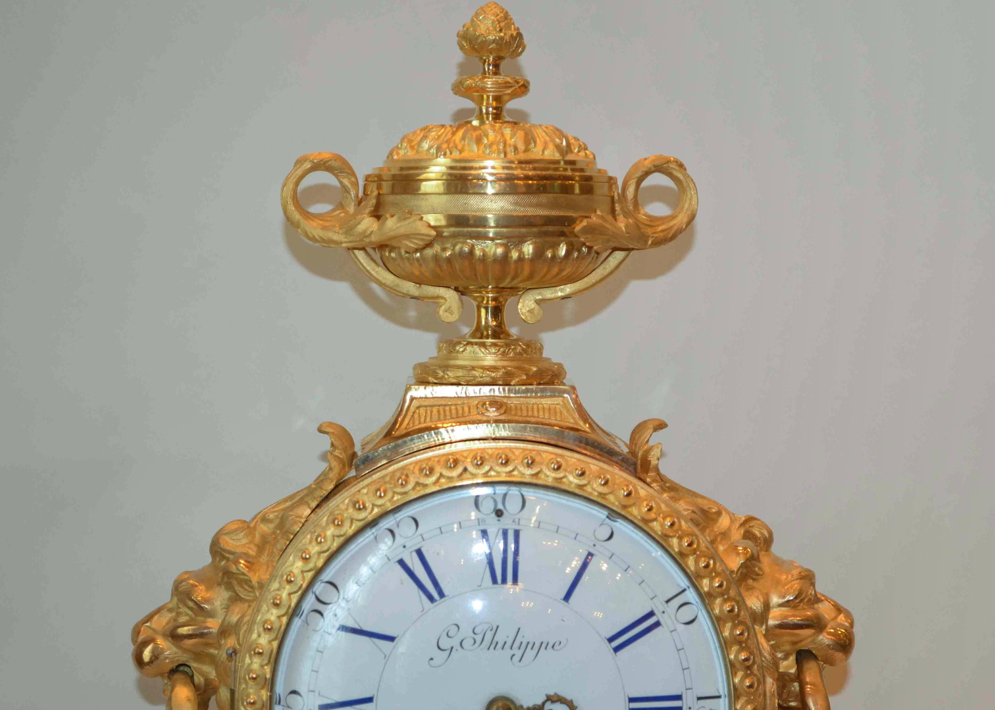 French Louis XVI-Style Lion's Head Clock by G. Philippe For Sale