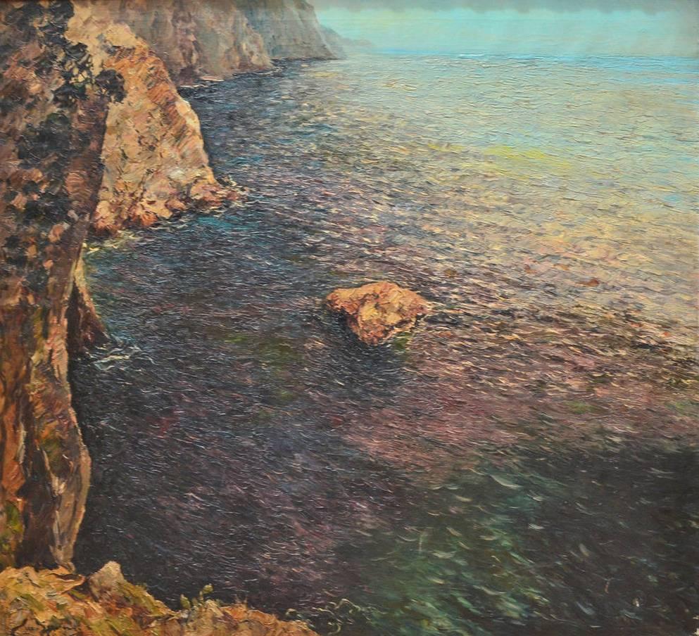An early 20th century oil painting of the Isle of Capri, showing rocky cliffs and a colorful sea painted in the impressionist style. The painting is titled 'Capri' and is signed Matteo Sarno (Italian, 1895-1957), likely painted, circa 1930.

Gilt