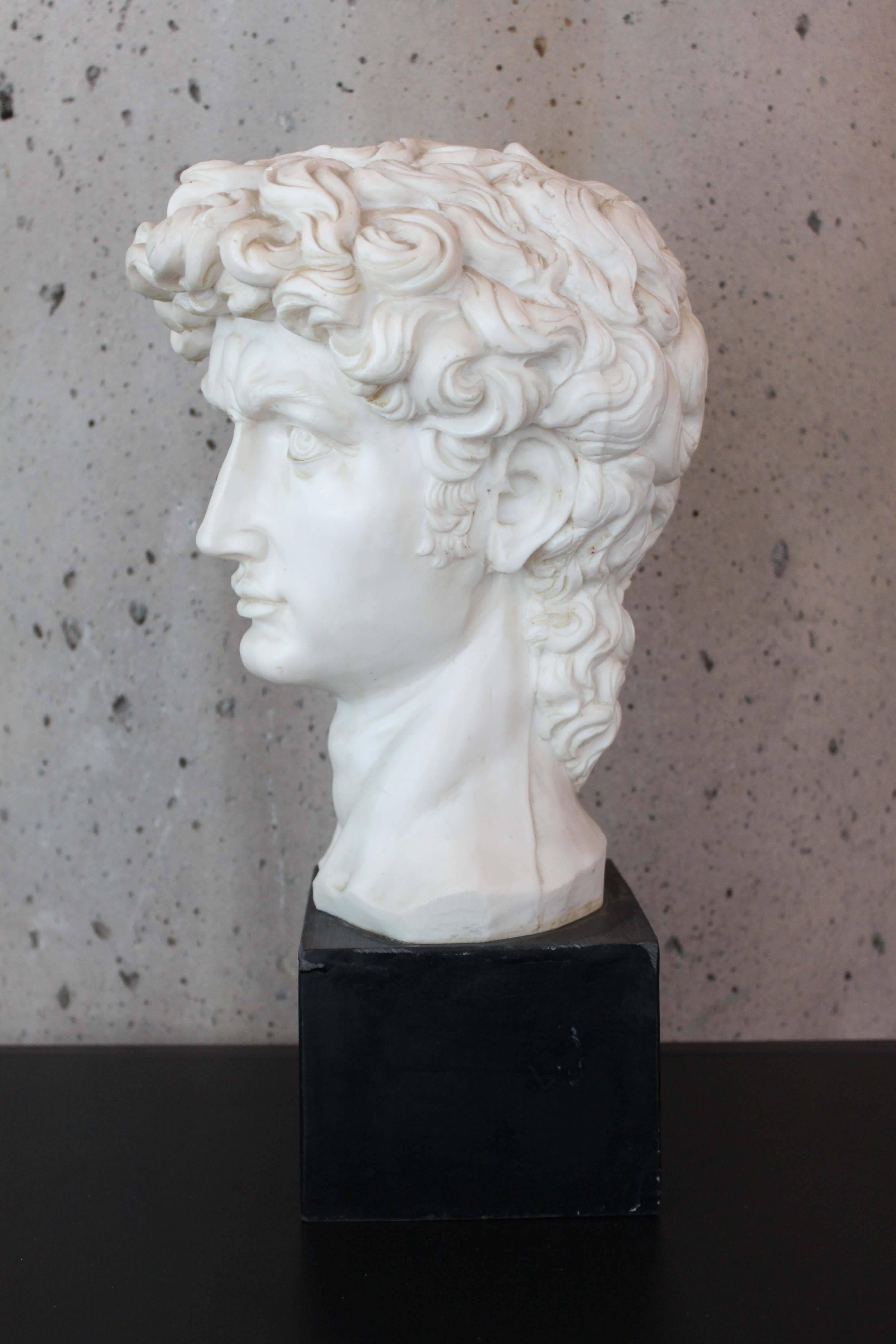 Vintage neoclassical bust cast out what looks to be epoxy. Could have been a model or trial piece for a foundry. Excellent overall condition and highly decorative. Mounted on a square wooden plinth.