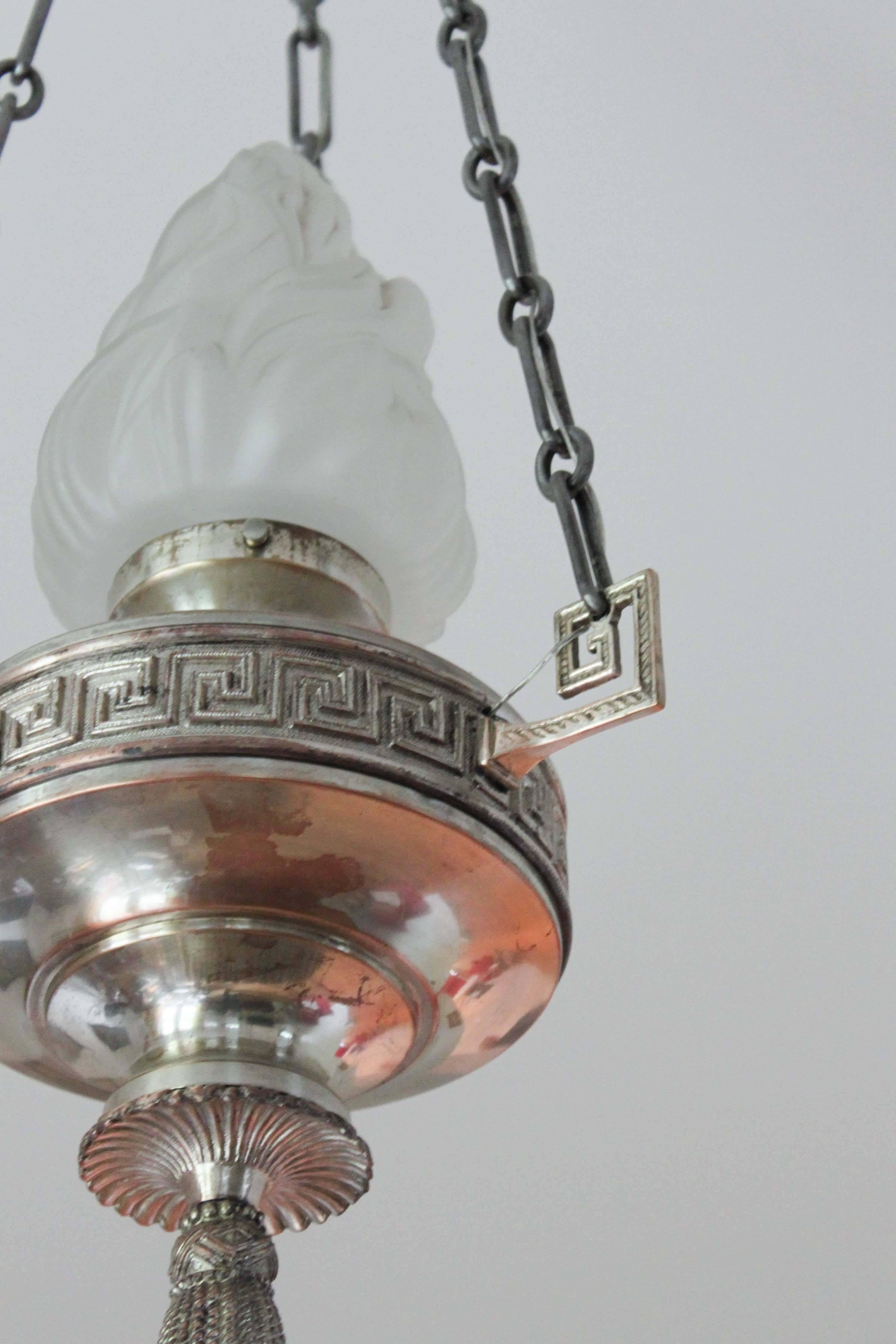Antique sanctuary light with flame shade, circa 1930. Completely restored silver plate finish over Greek key motif and matched canopy.