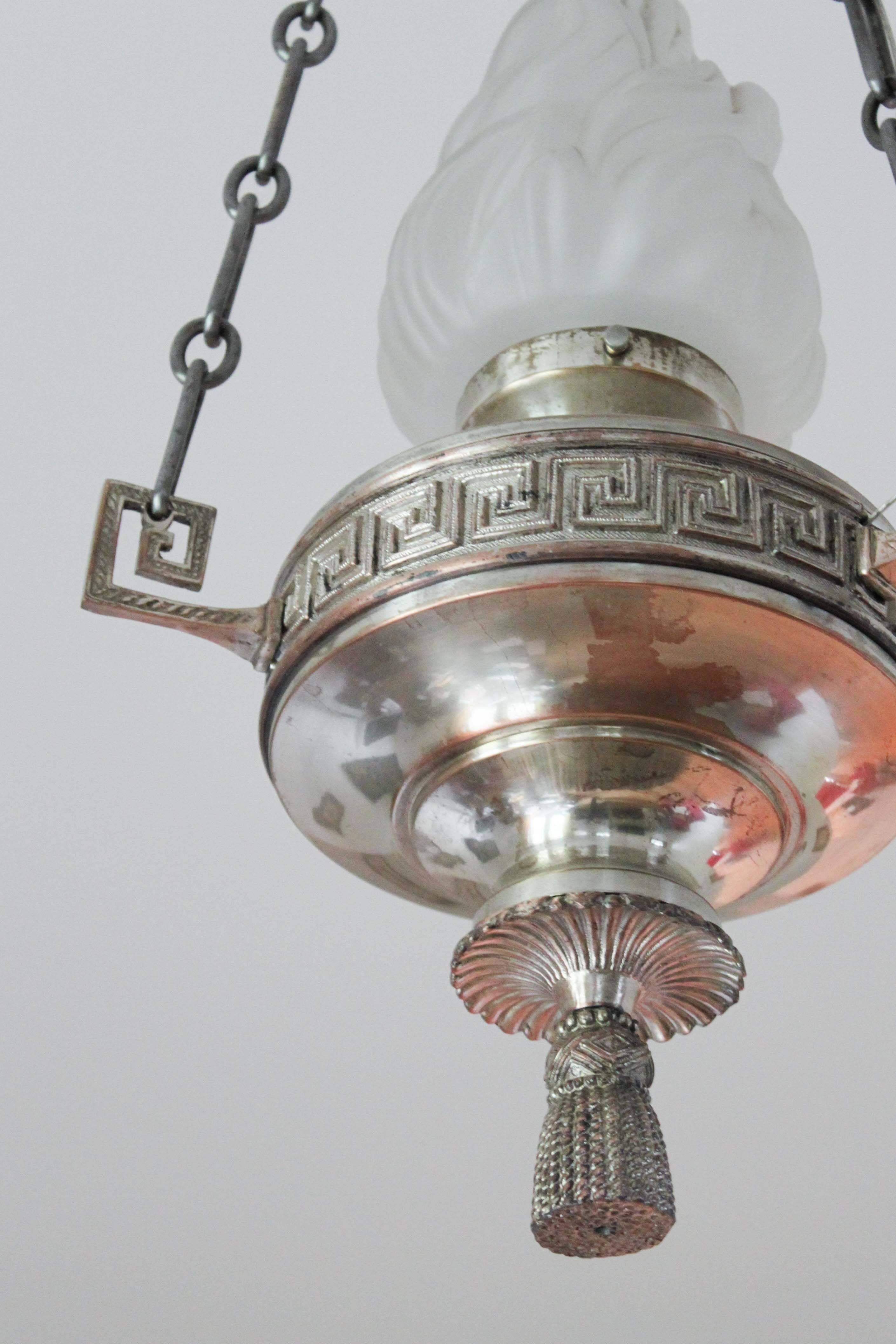 Greek Revival Antique Sanctuary Pendant Light with Flame Shade For Sale