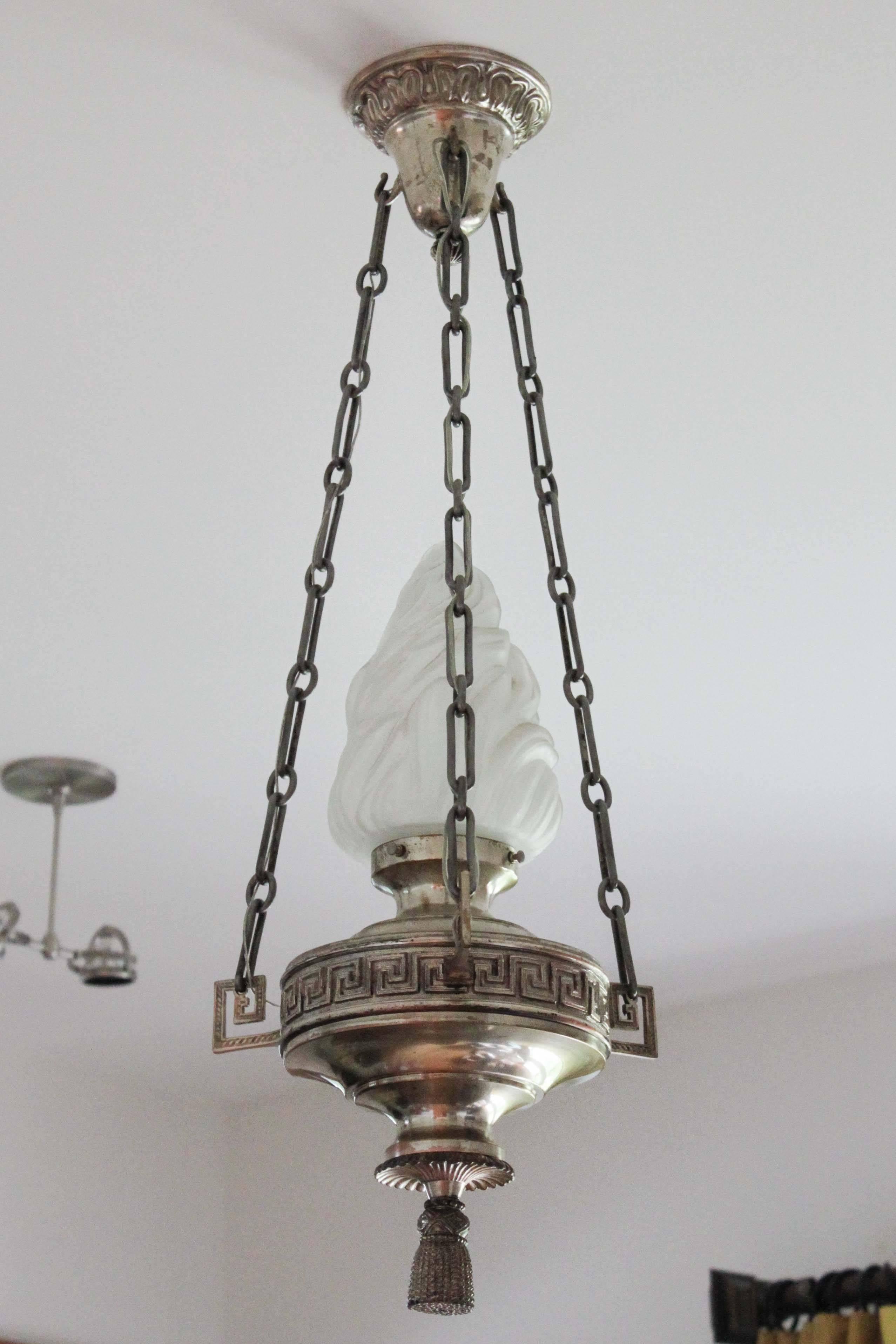 Mid-20th Century Antique Sanctuary Pendant Light with Flame Shade For Sale