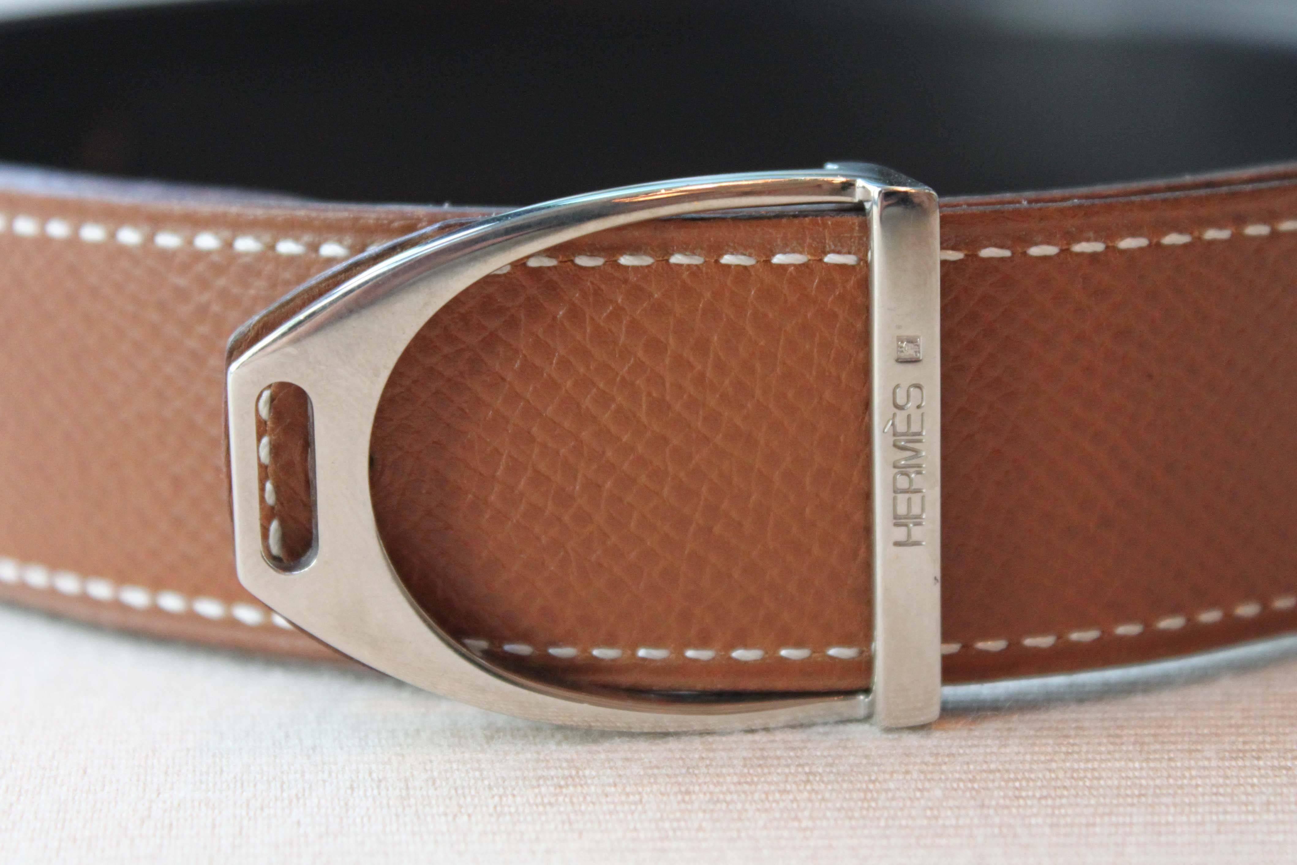 Hermès belt with reversible black and brown leather and palladium plated 