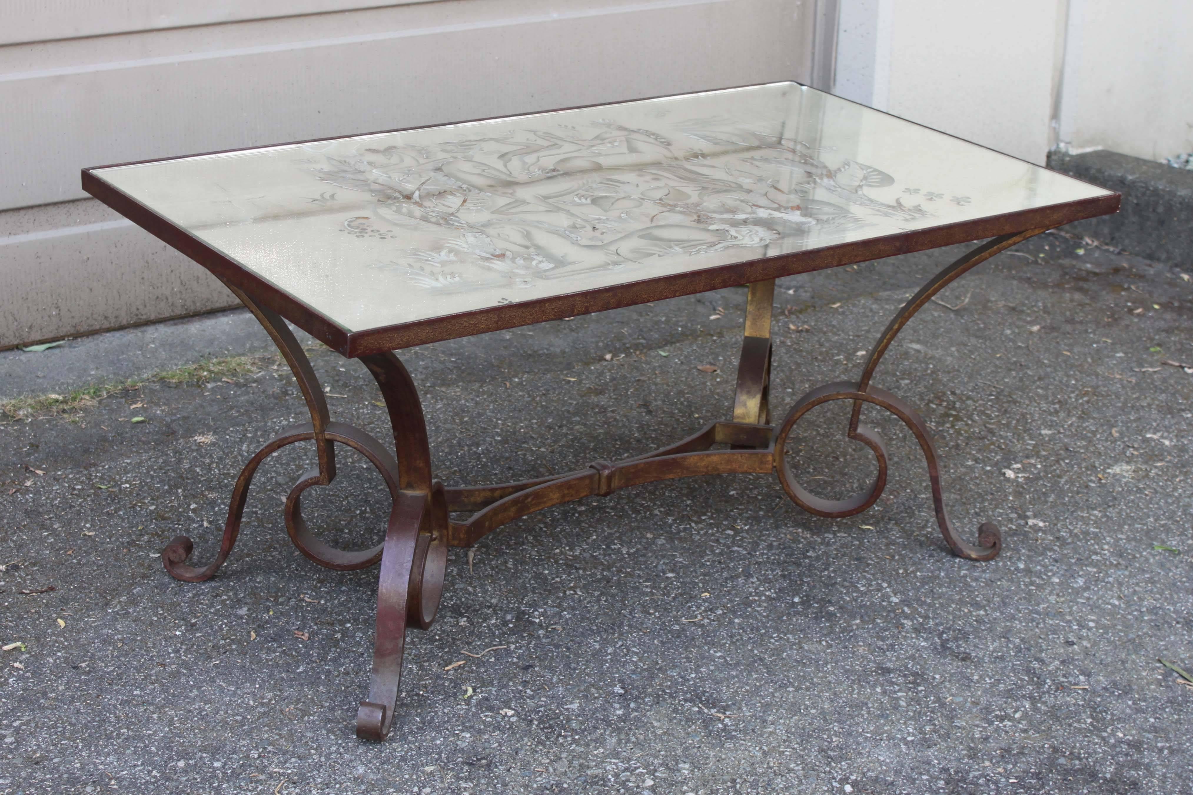 Églomisé Wrought Iron Coffee Table In Fair Condition For Sale In Vancouver, BC