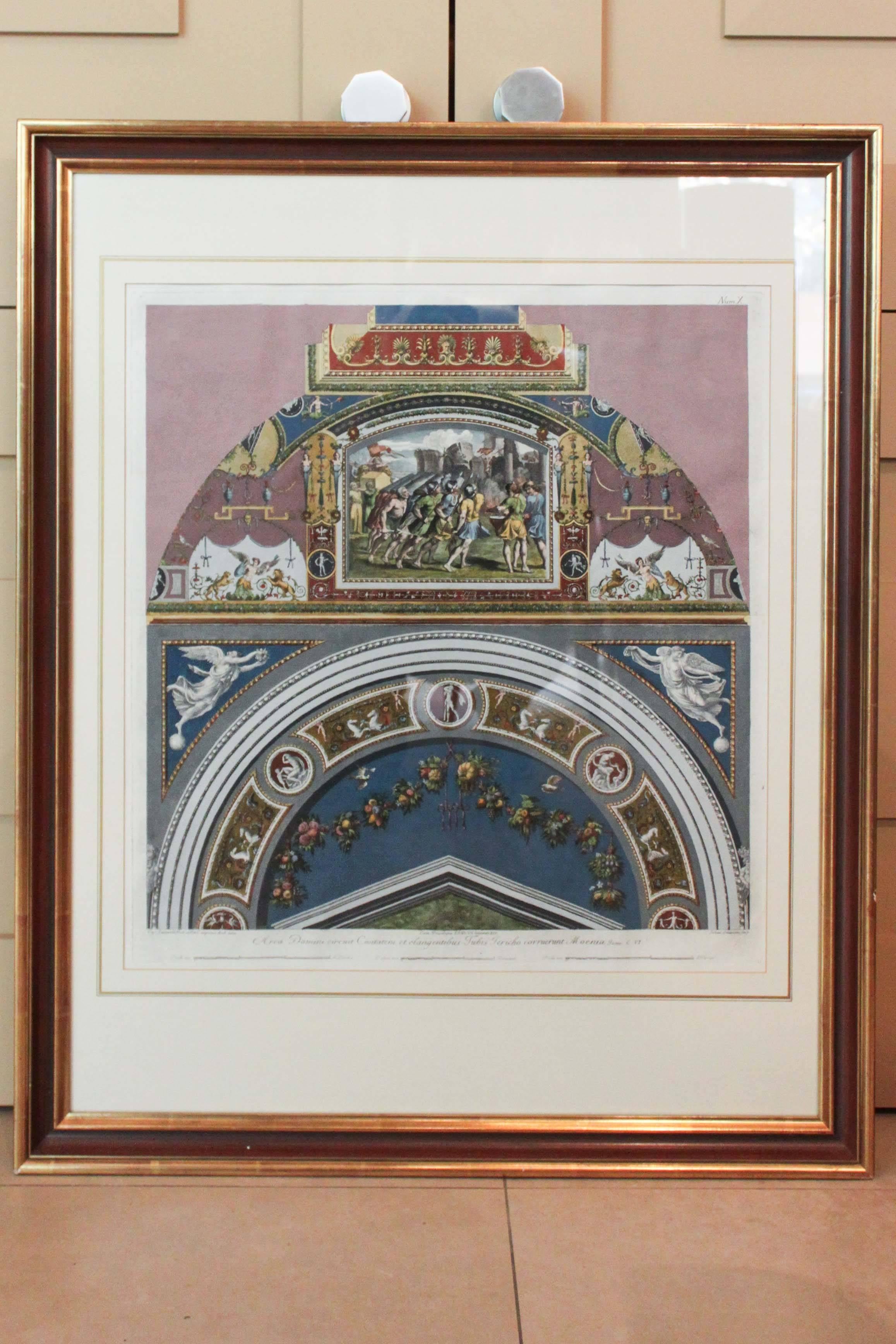 Set of six engravings out of a complete thirteen available. Colourful neoclassical works after Raphael of the Vatican Loggia. Professionally mounted and framed. 

Minor losses/irregularities in frame, minor wave in some of the prints and