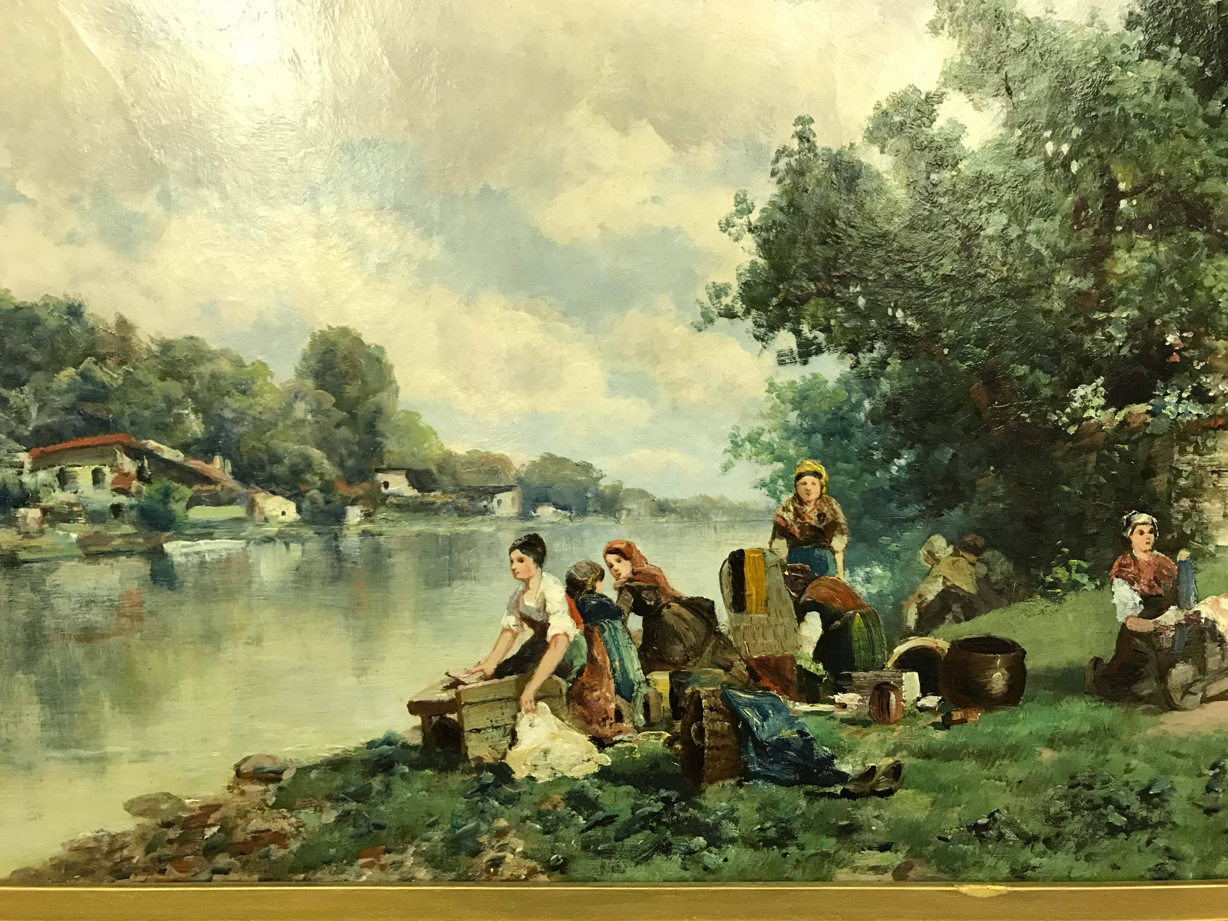 Oil on canvas with period frame. Painting of figures washing clothes in a bucolic landscape, unsigned. This painting was deaccessioned from a San Francisco museum in 1911. Well painted in very good original condition.