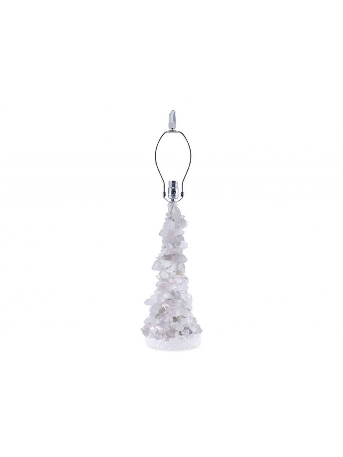 Brutalist-inspired lamp of white and clear quartz crystal. Constructed of various sized crystals embedded into a mortar base, handmade by artisans in the USA. Finished with a silk shade and single polished quartz finial. Limited quantities