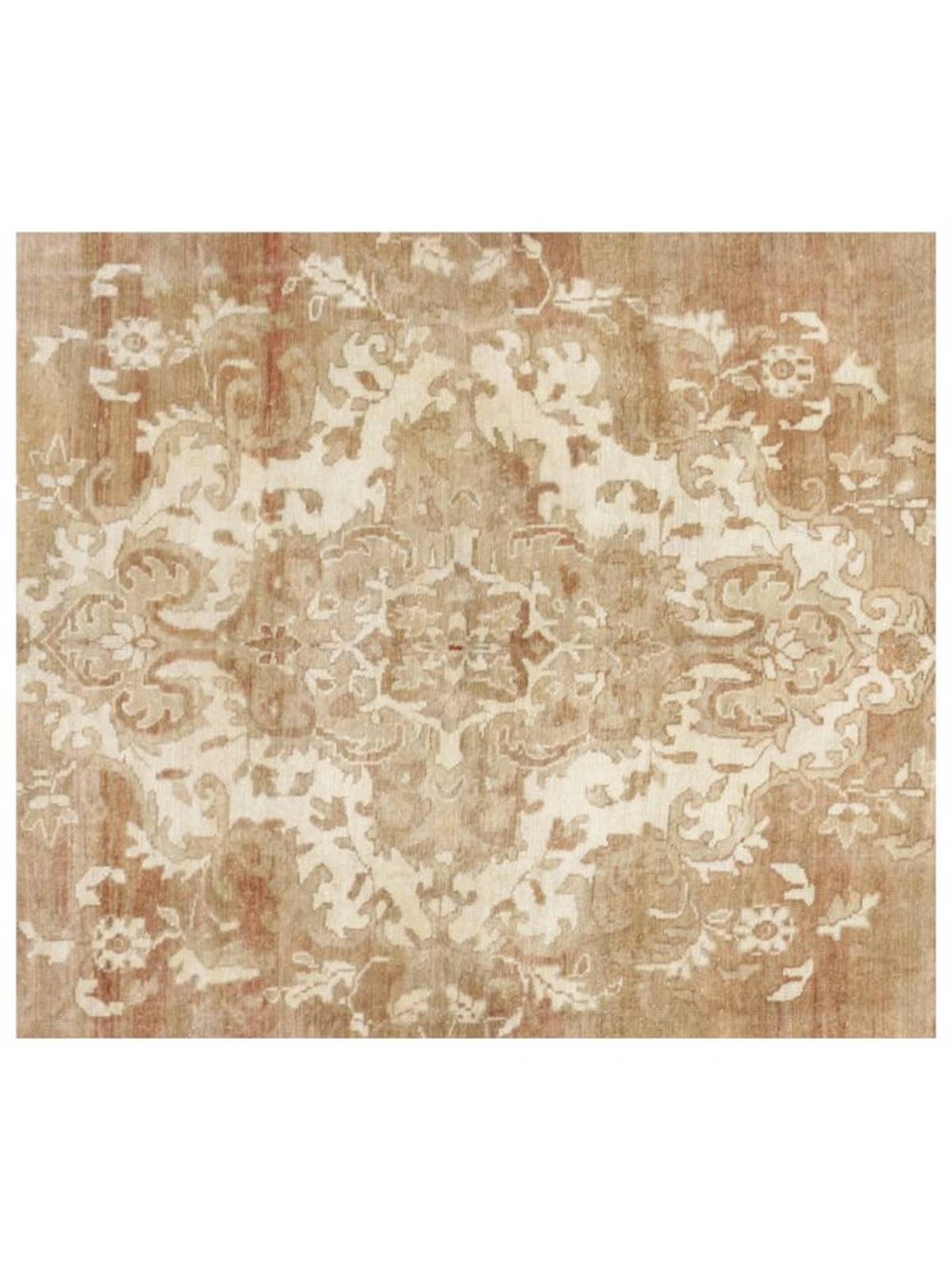 The central medallion in is incased in a visually strong border, enhancing the overall glamorous look of this hand made Oushak rug. Beige with ivory, umber, deep rose pink and sky blue. In very good vintage condition.