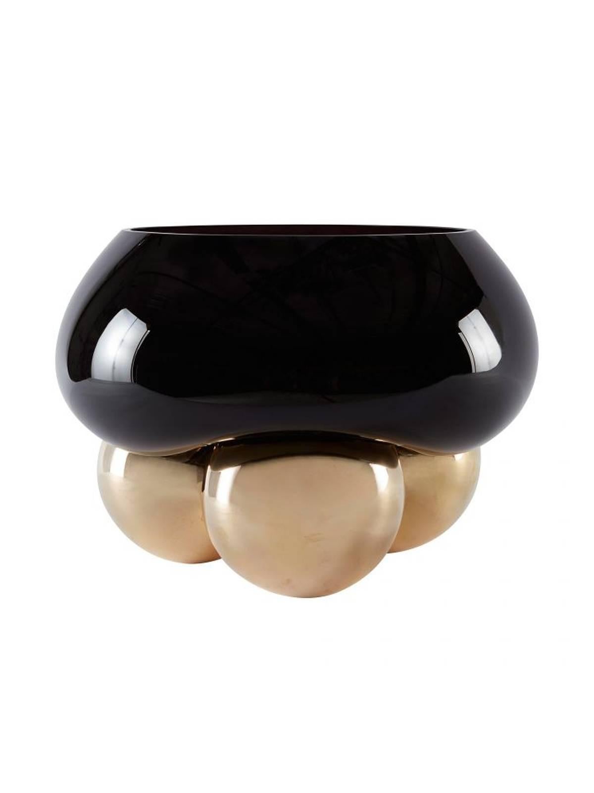 Modern Handblown Black Glass Bowl with Bronze Feet For Sale