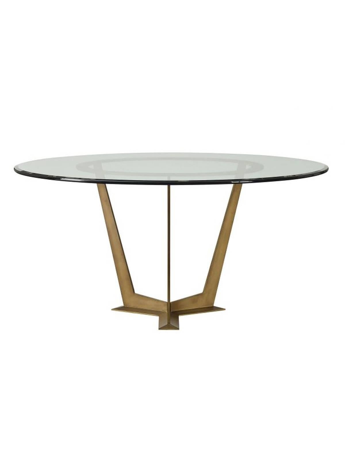Round glass dining table in the manner of Mastercraft with bronze color steel base. Made to order in the USA.