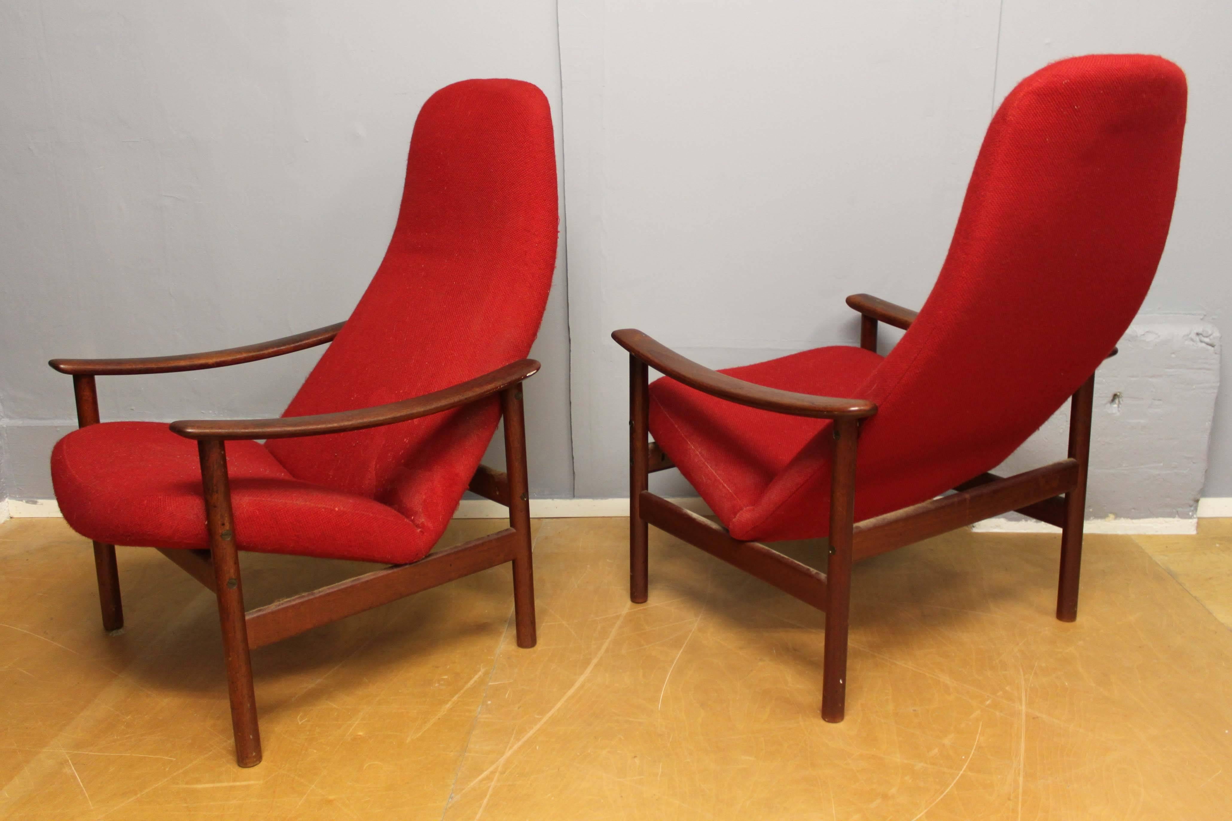 Adjustable contour chairs by Alf Svensson for Ljungs Industrier AB, Sweden. Very comfortable, original label at the bottom of the seat. 

Vintage condition, likely will need reupholstery.