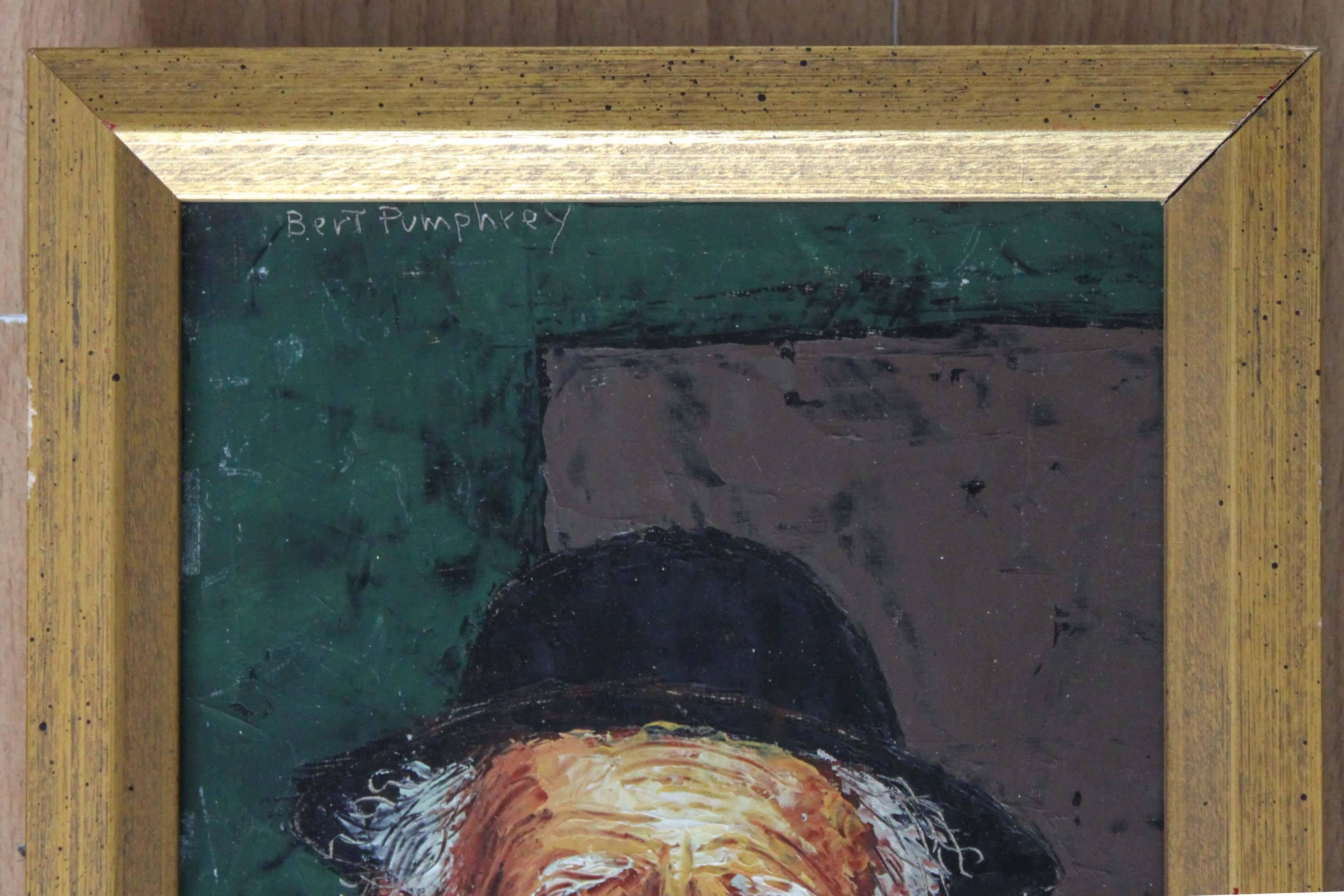 Vintage painting signed Bert Pumphrey entitled "Hasidic". Oil on board dated April 1970, San Francisco, as pictured.