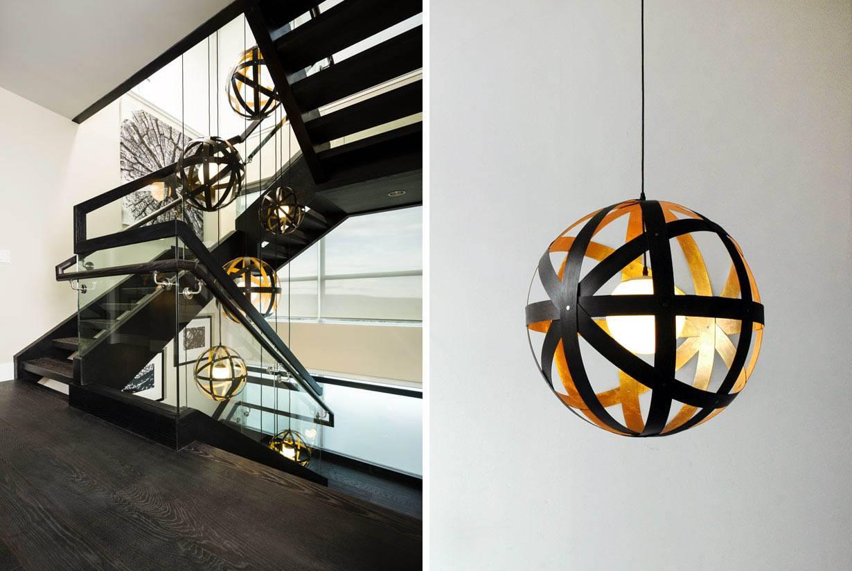 The Meridian 42" diameter pendant is a study in implied motion. Bands of locally sourced black stained walnut finished in gold leaf surround a glass orb mounted and hung from a cord and aluminium canopy. Lamping is a medium base 15W dimmable