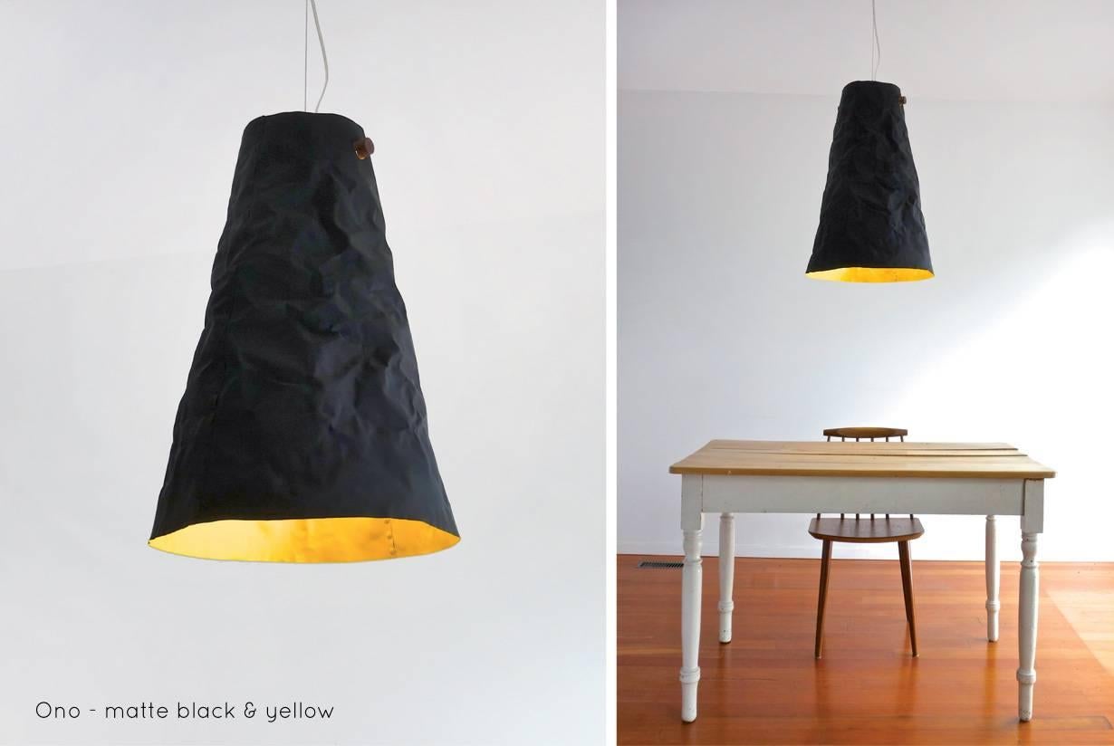 Canadian Ono Distressed Aluminium Pendant Light, Matte Black and Yellow For Sale