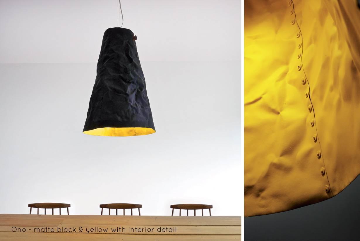 Modern Ono Distressed Aluminium Pendant Light, Matte Black and Yellow For Sale