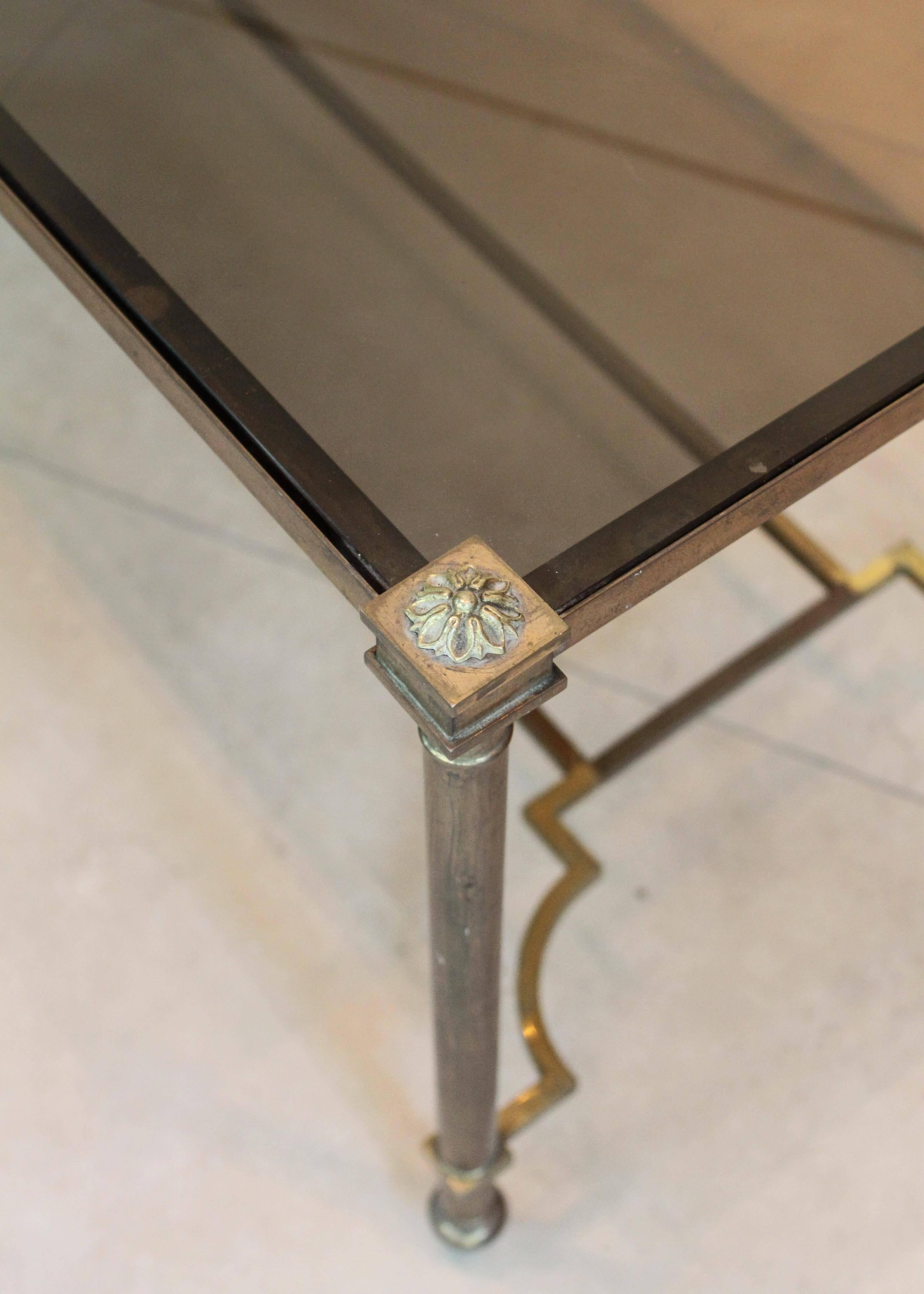 French Brass and Smoked Glass Coffee Table For Sale